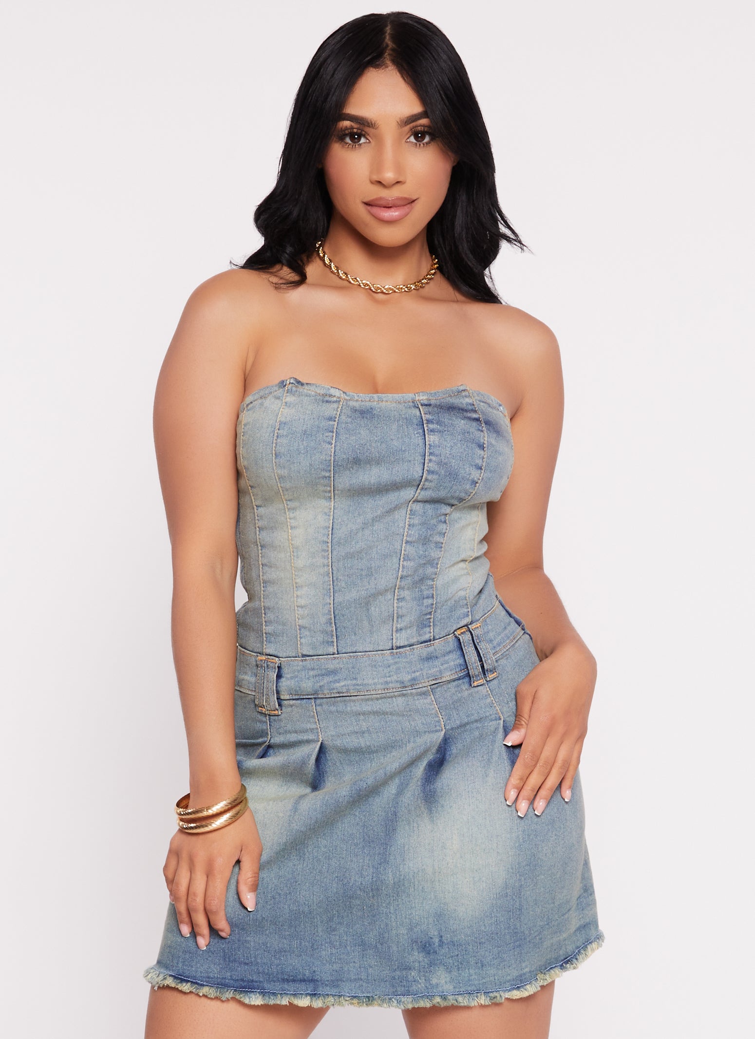 Strapless Pleated Denim Mini Dress、mySite、camillekostekn