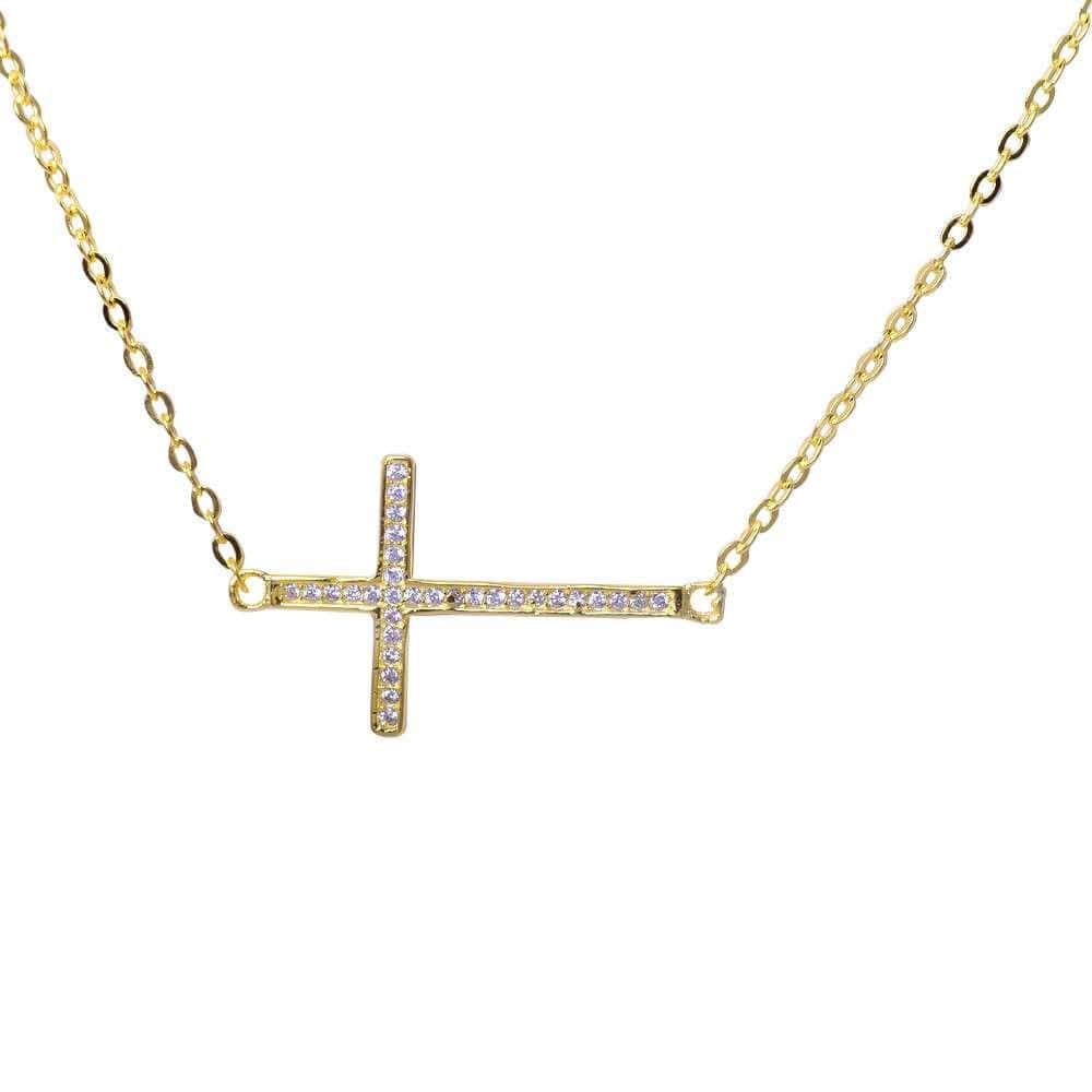 Sideways Cross Necklace with CZ Sterling Silver White, Yellow or Rose Gold Plated、mySite、g9winljtr