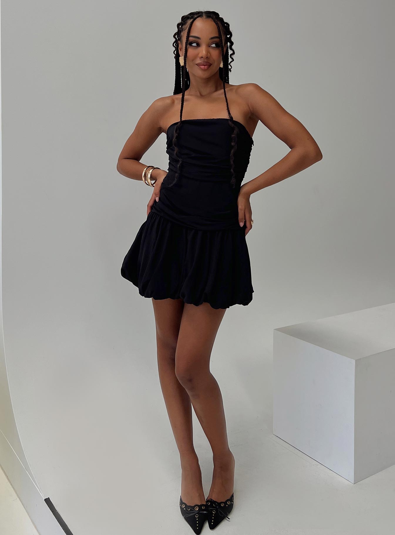Glamour Girl Strapless Bubble Hem Mini Dress Black、mySite、solidvoid