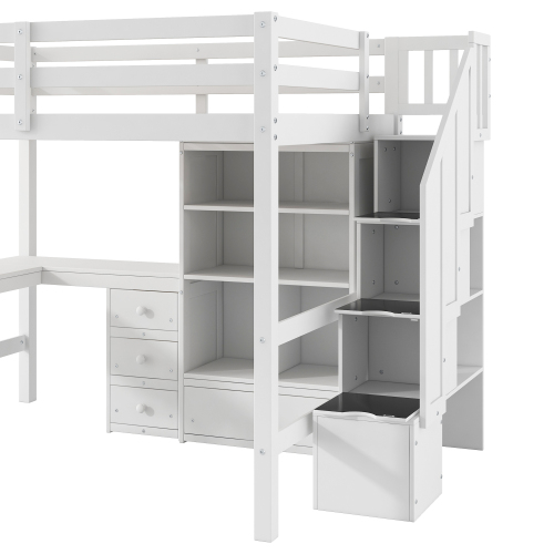 Twin Size Loft Bed with L-Shaped Desk and Drawers, Cabinet and Storage Staircase, White、、casual