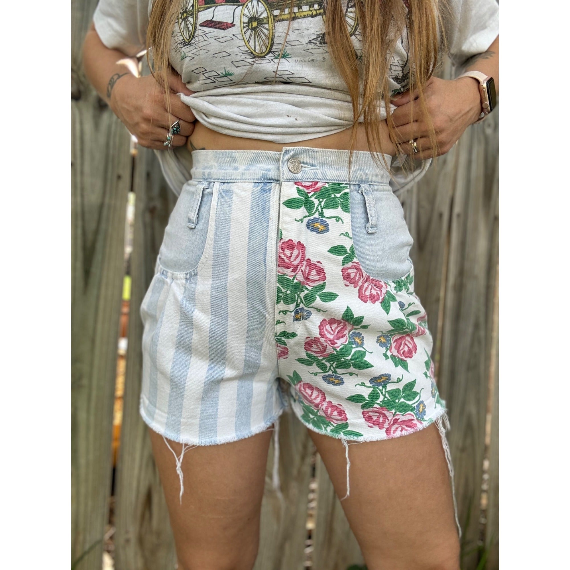 90's Nuovo Floral Striped High Rise Cut Off Raw Hem Denim Jean Shorts 3、mySite、garagedoors4me