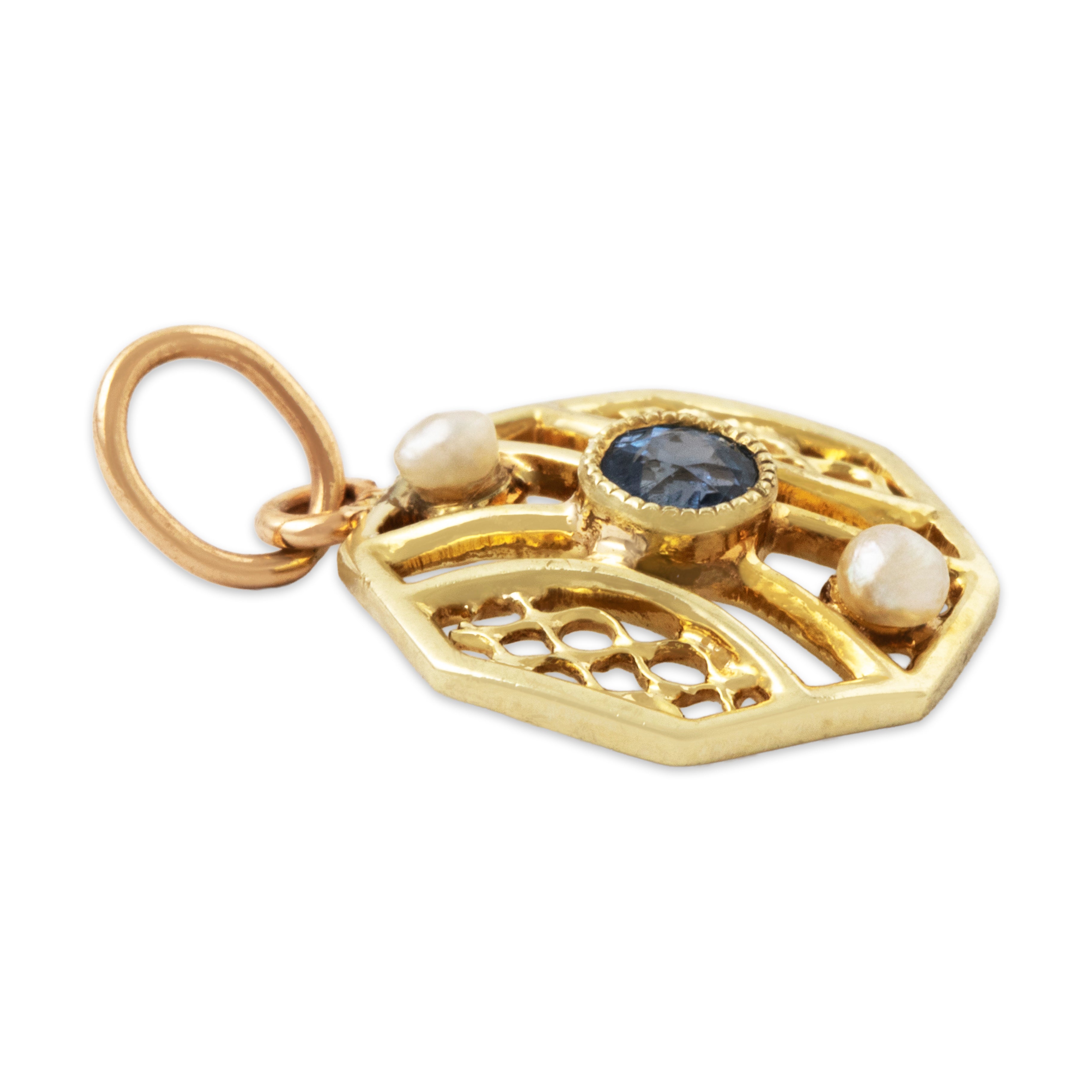 Antique 14k Yellow & Rose Gold Synthetic Sapphire Pearl Octagonal Pendant、mySite、hinf8tx79