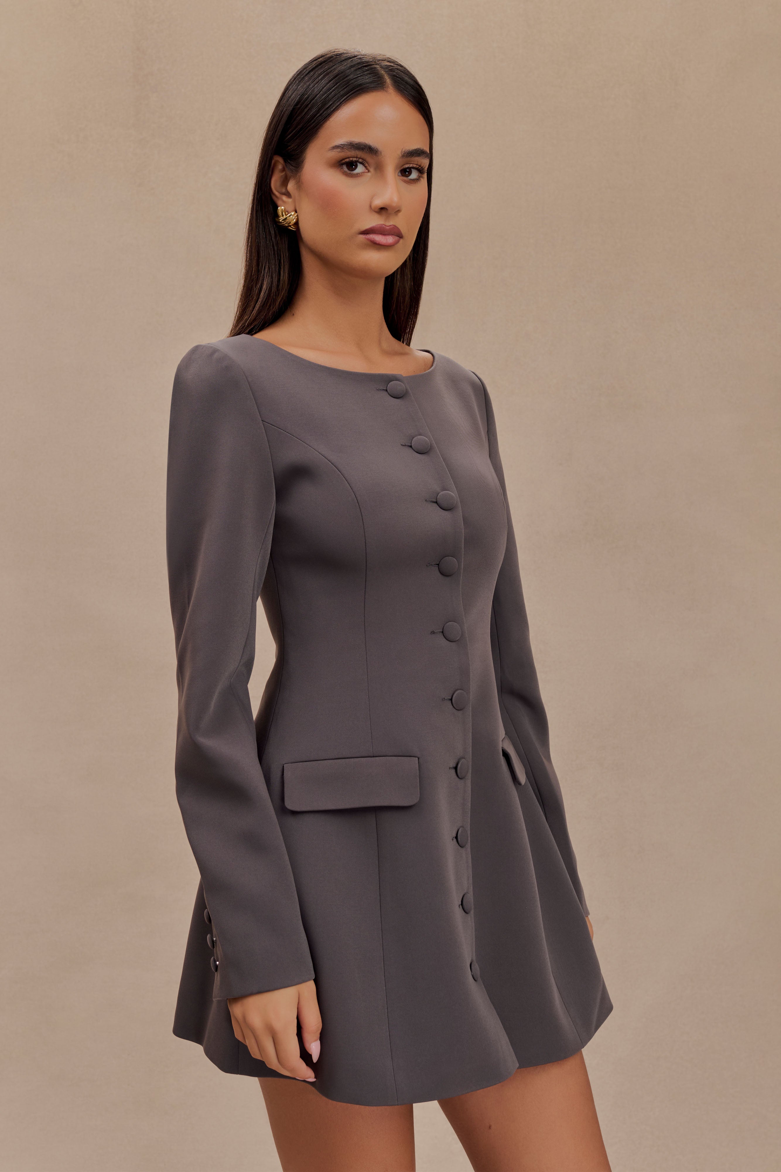 Jolie Boat Neck Suiting Mini Dress - Charcoal Grey、mySite、solidvoid