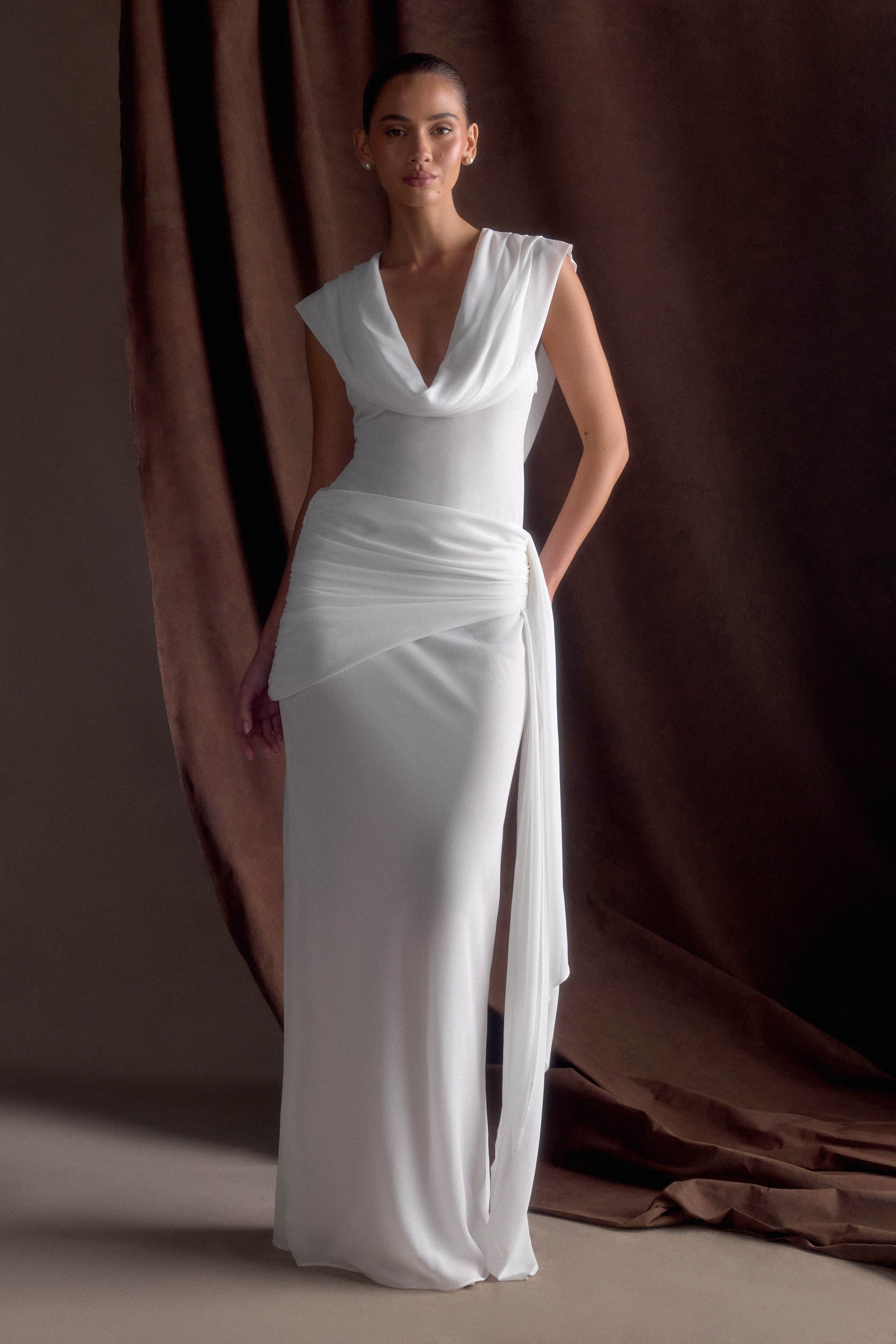 Giulia Chiffon Draped Maxi Dress - White、mySite、solidvoid