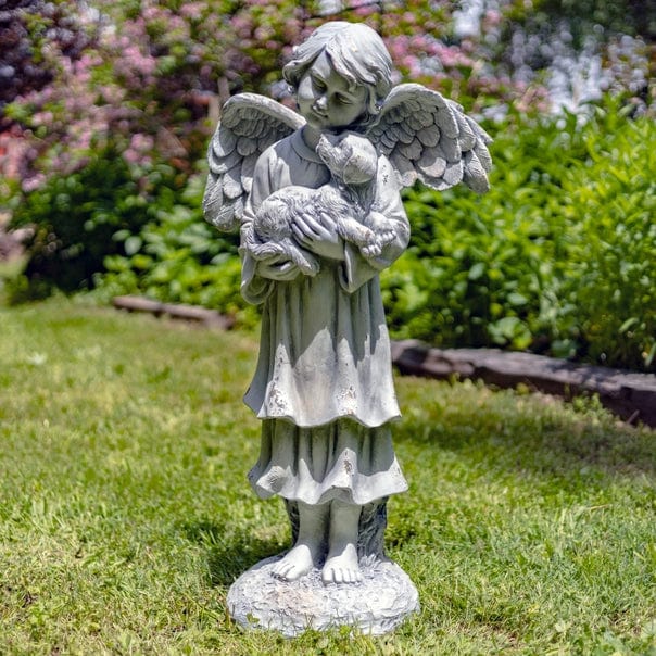 39 Tall Magnesium Angel Statue Holding Dog- Antique White or Bronze、mySite、g9winljtr