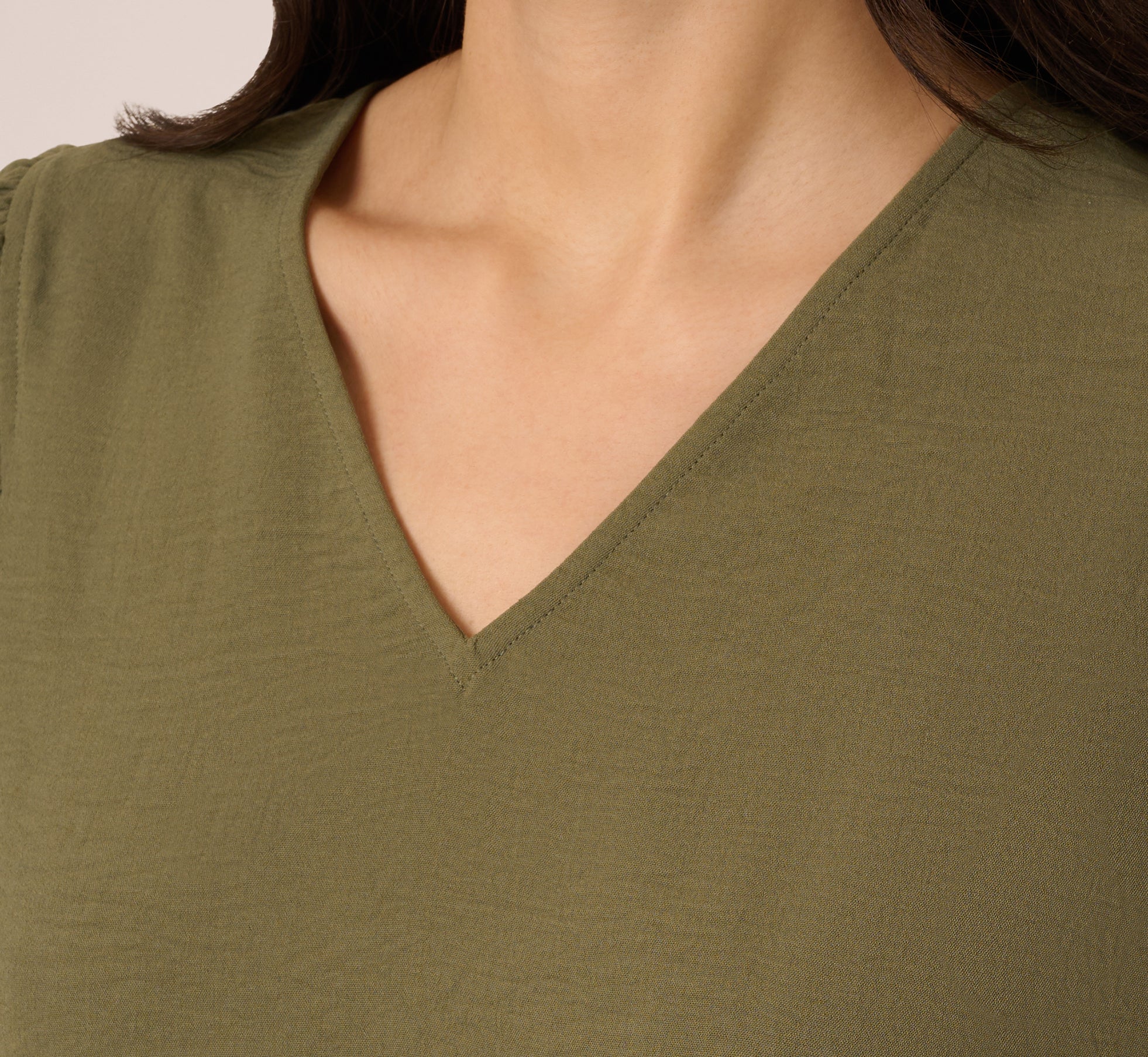 Ruffle Sleeve V Neck Satin Top In Olivine、mySite、solidvoid