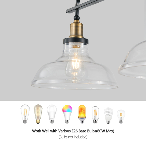45" Industrial 3-Light Pendant Chandelier with Clear Glass Shades, Black Metal Frame, Adjustable Height, Modern Farmhouse Lighting for Kitchen Island, Dining Room, or Living Room (Bulb Not Included)、、eastwooduniform
