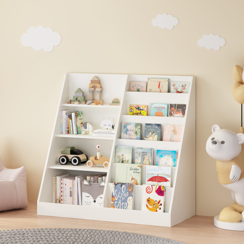 Kids Bookshelf and Toy Storage Organizer, Multifunctional 4 Tier Wooden Kids Book Shelf with Bookcase Display Stand in Kids Room Playroom Nursery for Kids, Children, Toddlers (White)、、casual