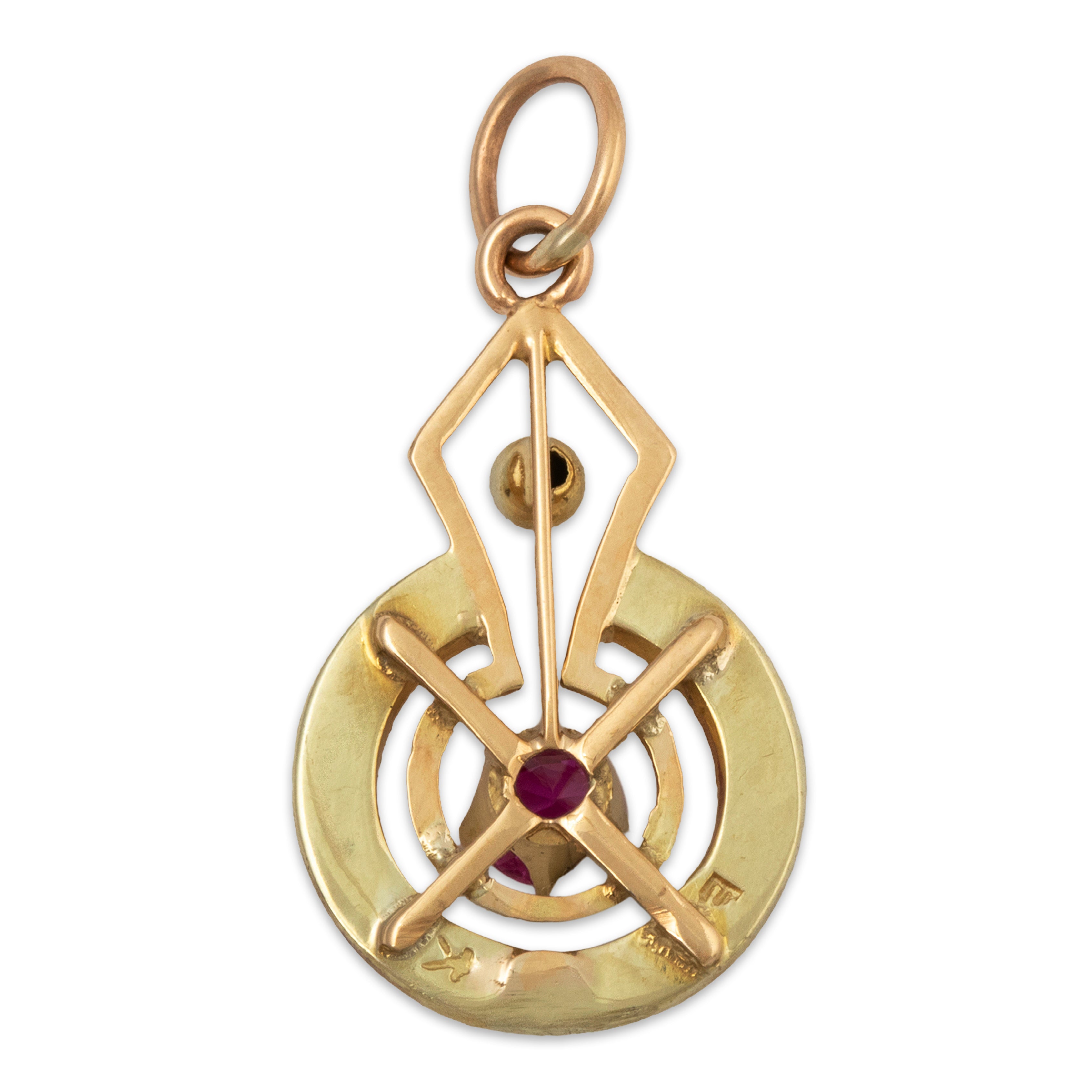 Antique Art Deco 14k Yellow Gold Synthetic Ruby Pierced Halo Pendant、mySite、hinf8tx79