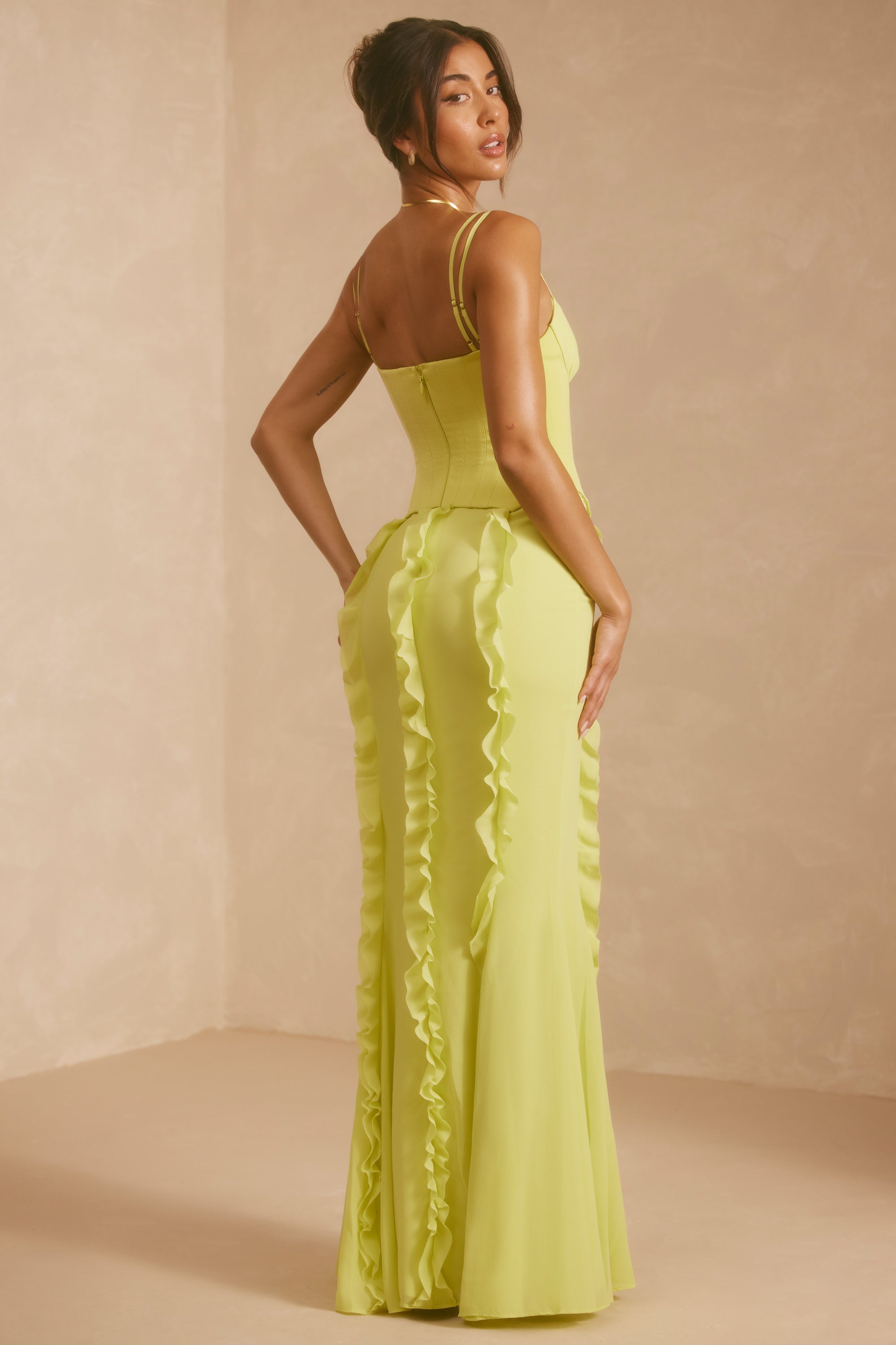 Corset Frill Skirt Maxi Dress in Lime Green、mySite、solidvoid