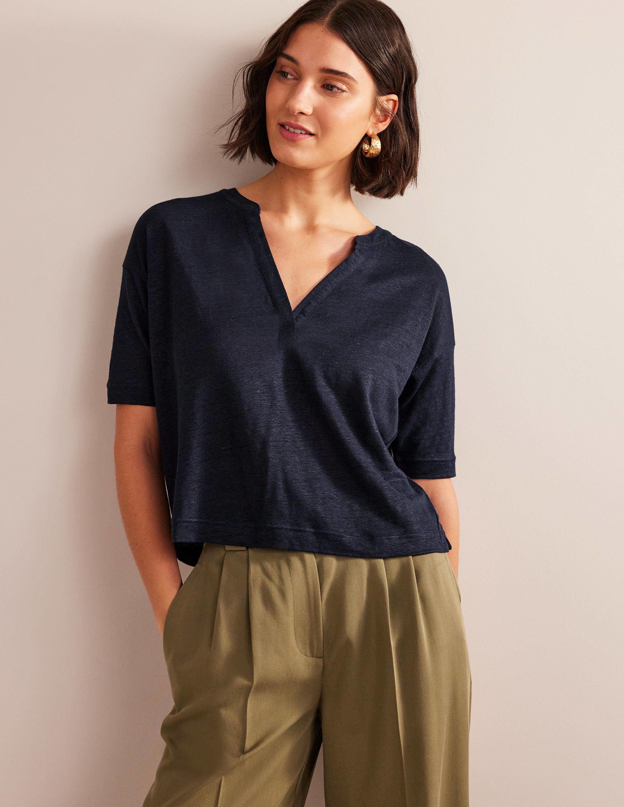  Notch Neck Linen Henley Top-Navy、mySite、ashleygrahame