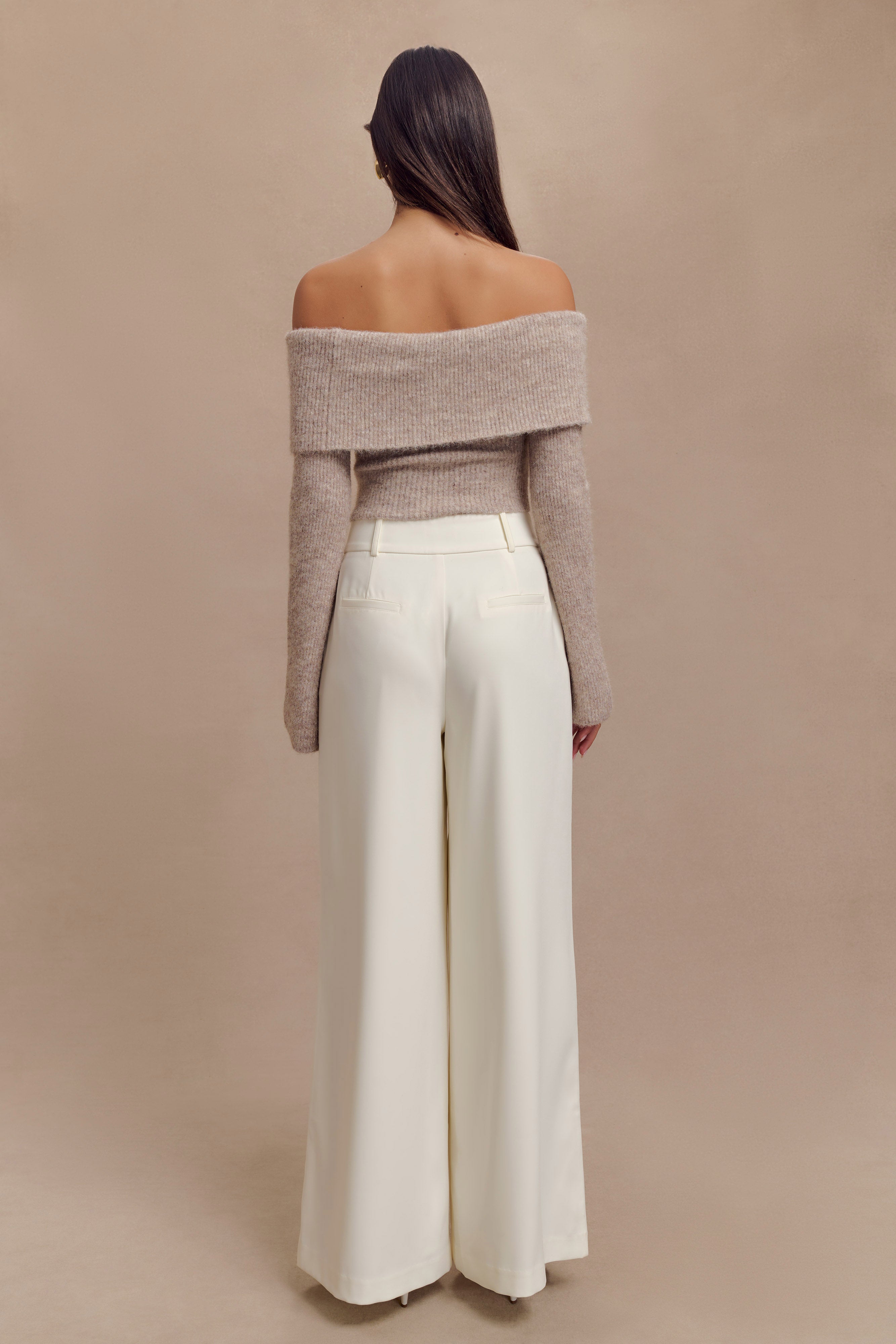 Baxter Off Shoulder Fluffy Knit Top - Taupe、mySite、solidvoid