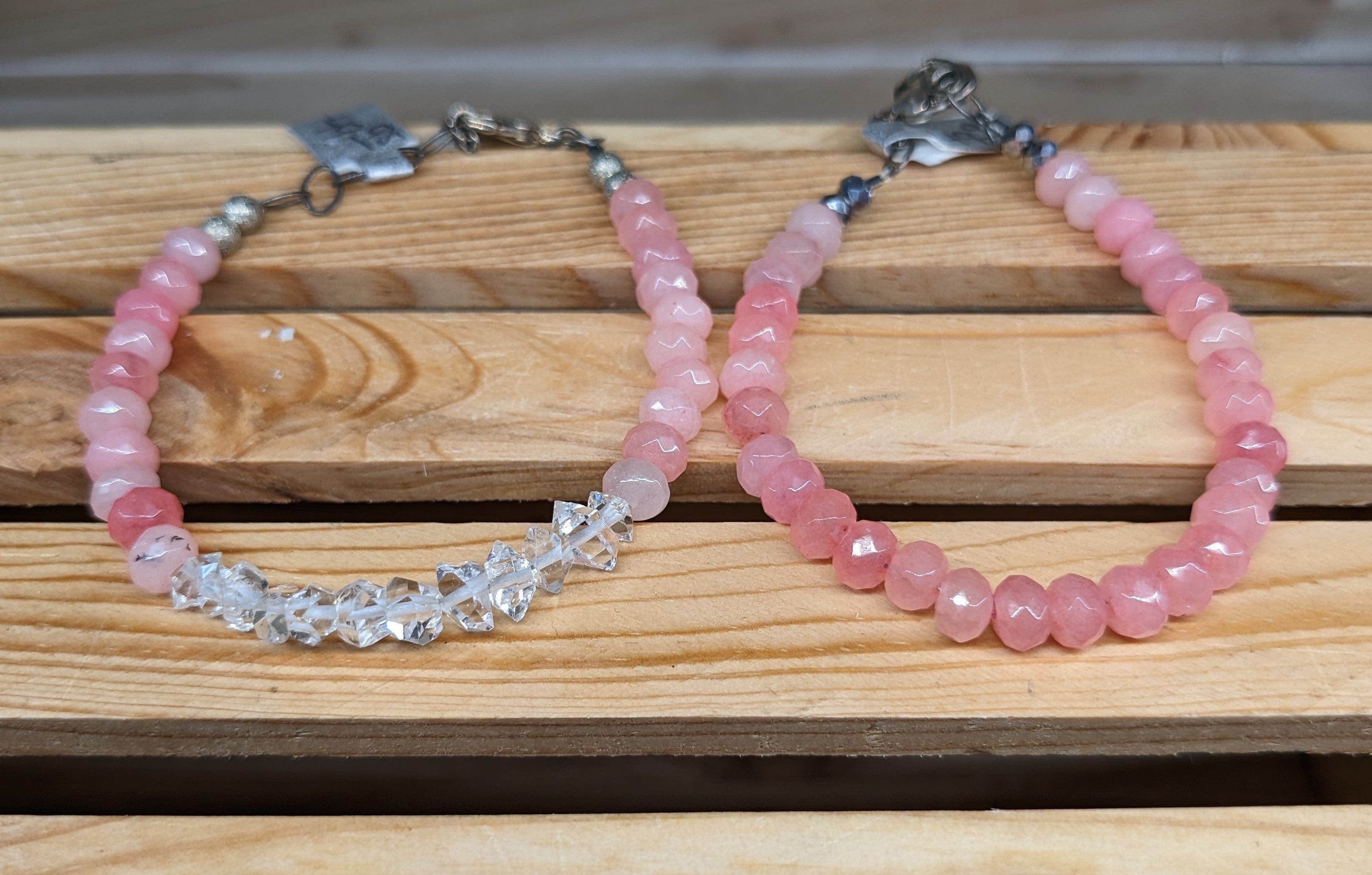 Caribbean Blue or Pink Chalcedony and Herkimer Diamond Bracelets-HANDMADE with love! 925 Silver Clasp、mySite、g9winljtr