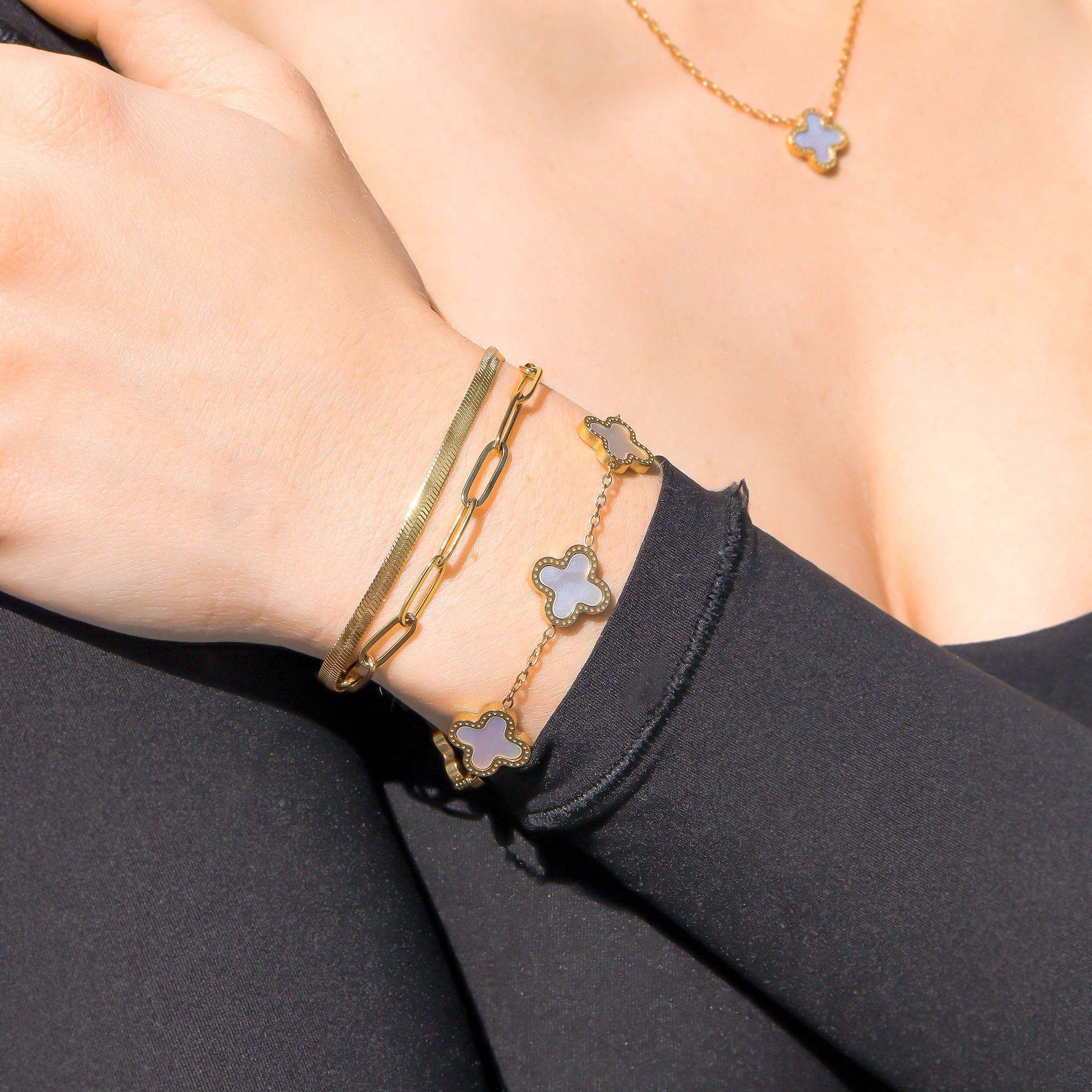 18K Gold PVD Stainless Steel Lucky Clover Charm Bracelet / BRJ1008、mySite、dreamappss