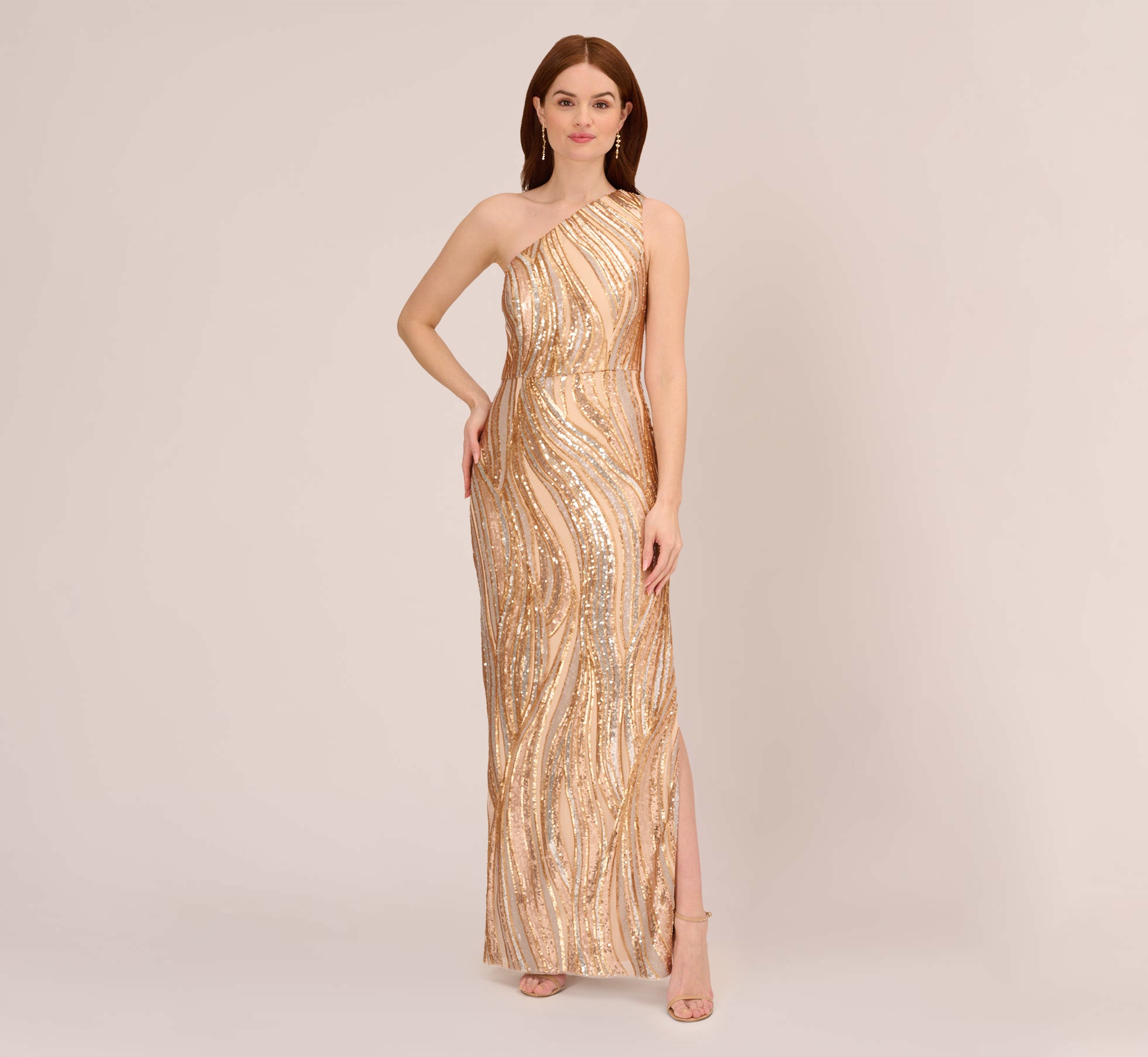 One Shoulder Abstract Sequin Gown In Champagne Gold Multi、mySite、solidvoid