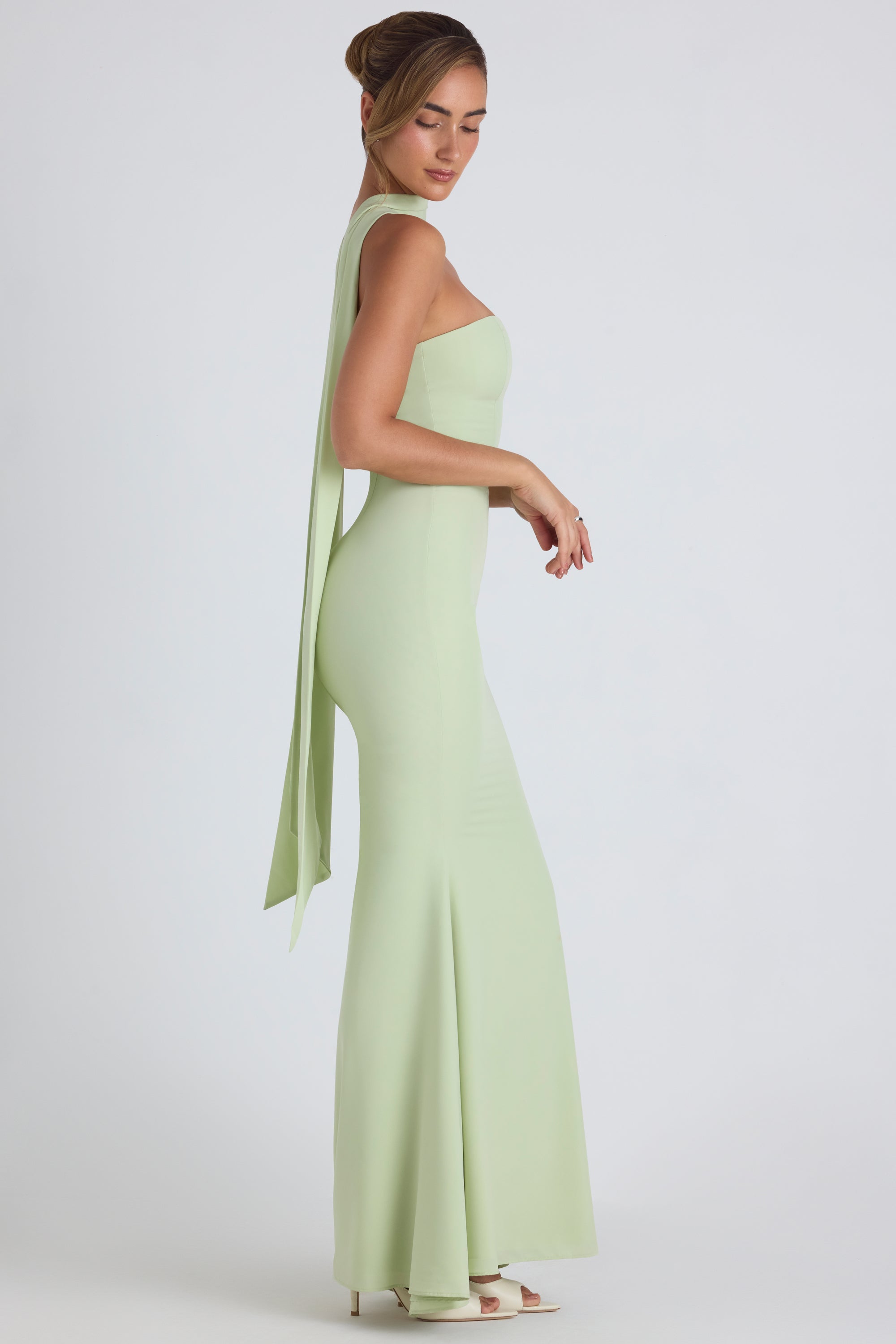 Scarf-Detail Strapless Gown in Spring Green、mySite、solidvoid