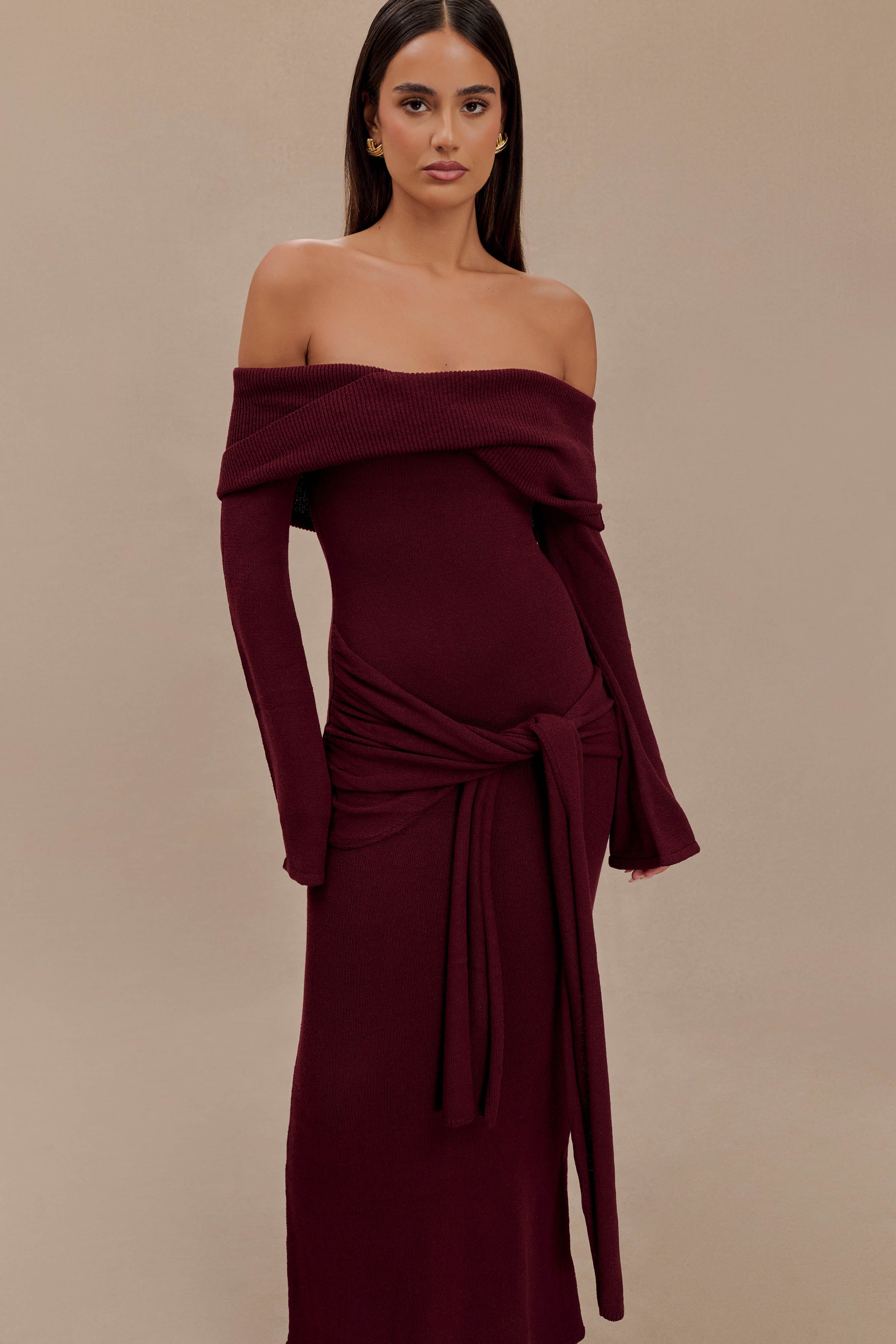 Cameron Off Shoulder Tie Maxi Dress - Merlot、mySite、solidvoid
