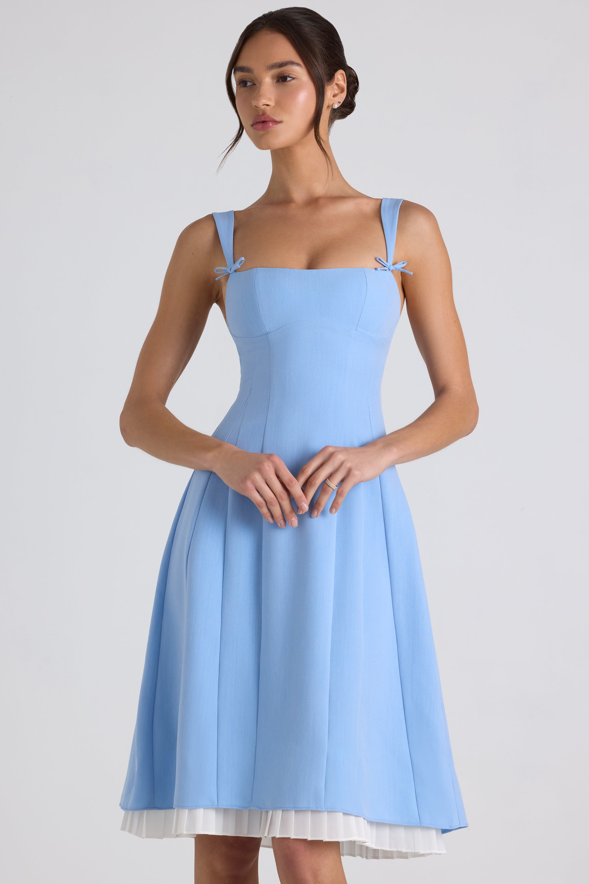 Bow-Detail Pleated A-Line Midi Dress in Sky Blue、mySite、solidvoid