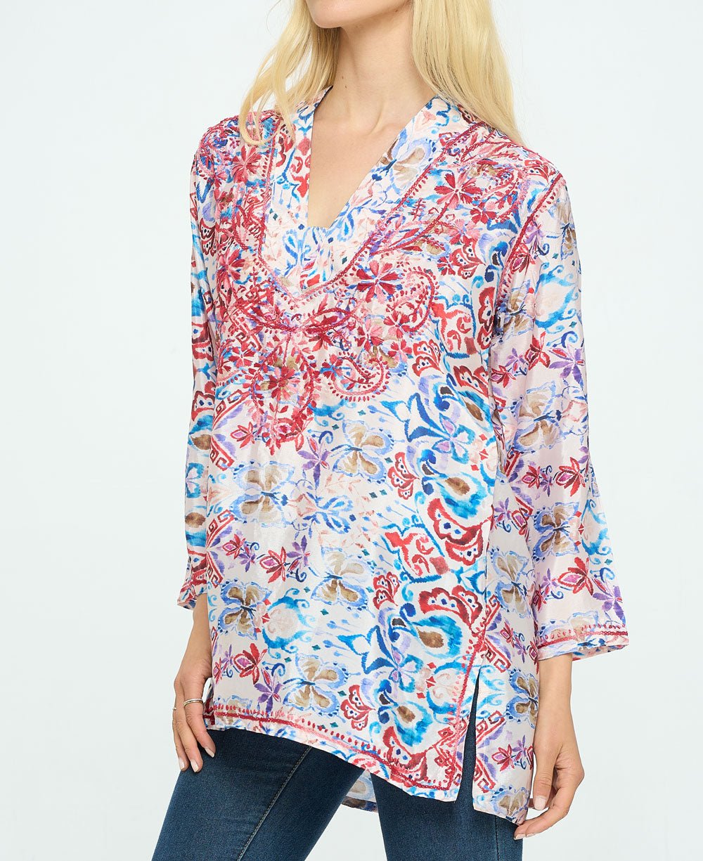 Red Embroidered Printed V Neck Tunic Top、mySite、topwebapps