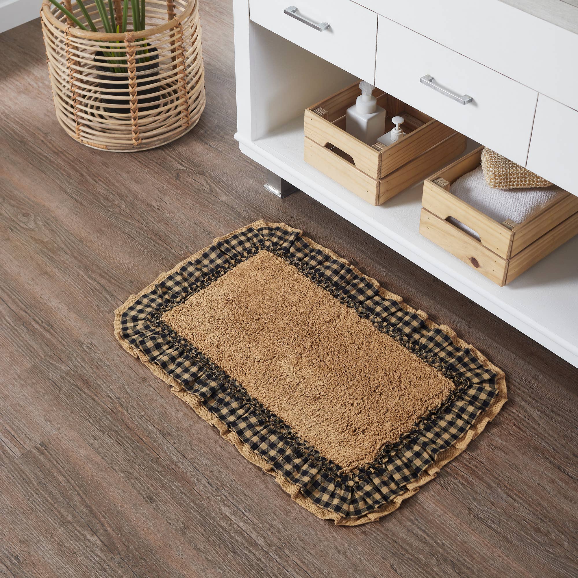Burlap Natural w/ Black Check Bathmats Farmhouse Favorite!、mySite、g9winljtr