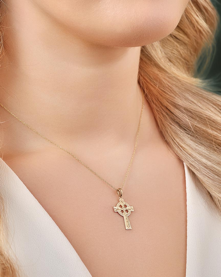  Gold Hand Engraved Celtic Cross Necklace