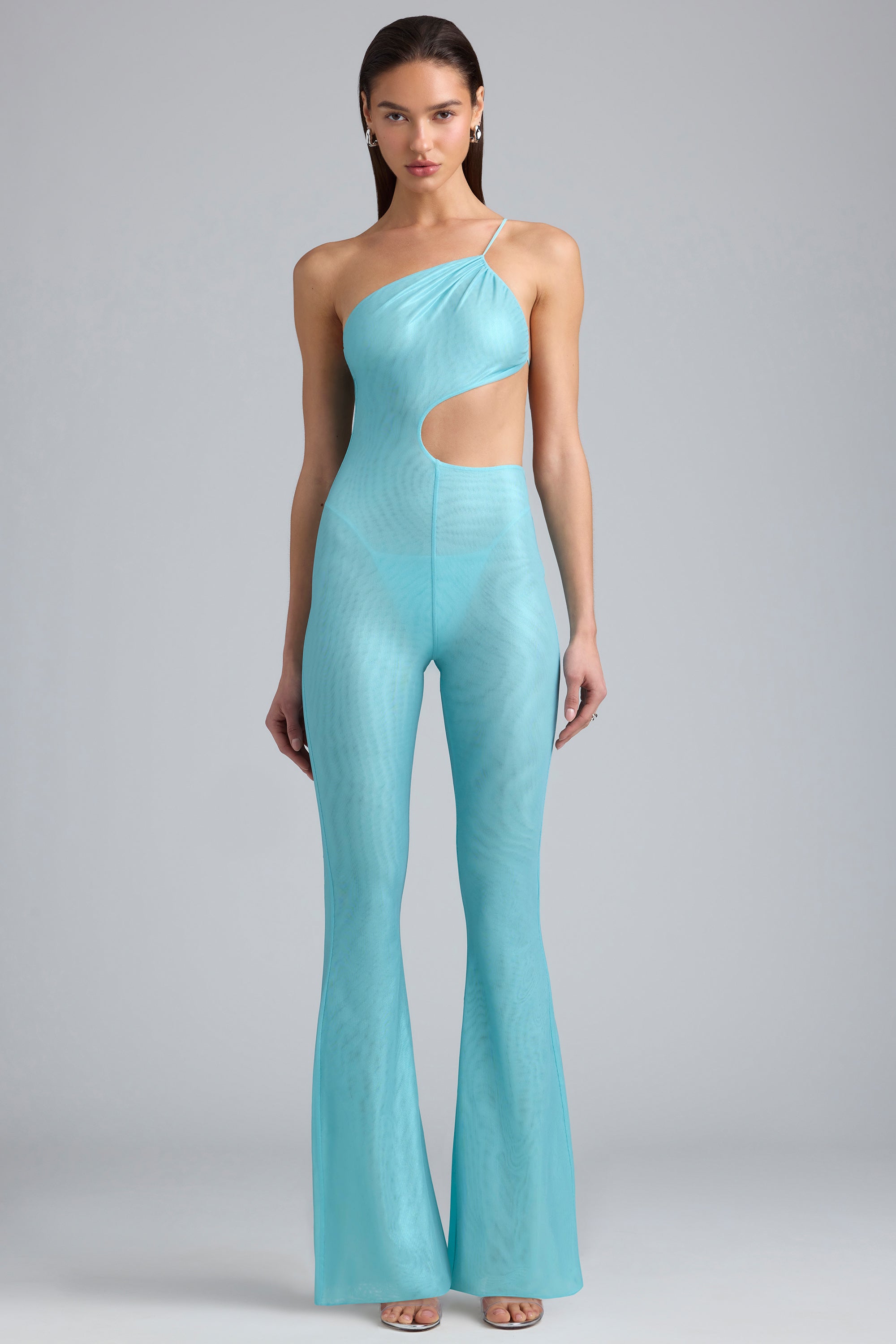 Metallic Ruched Cut-Out Flared Jumpsuit in Ice Blue、mySite、solidvoid
