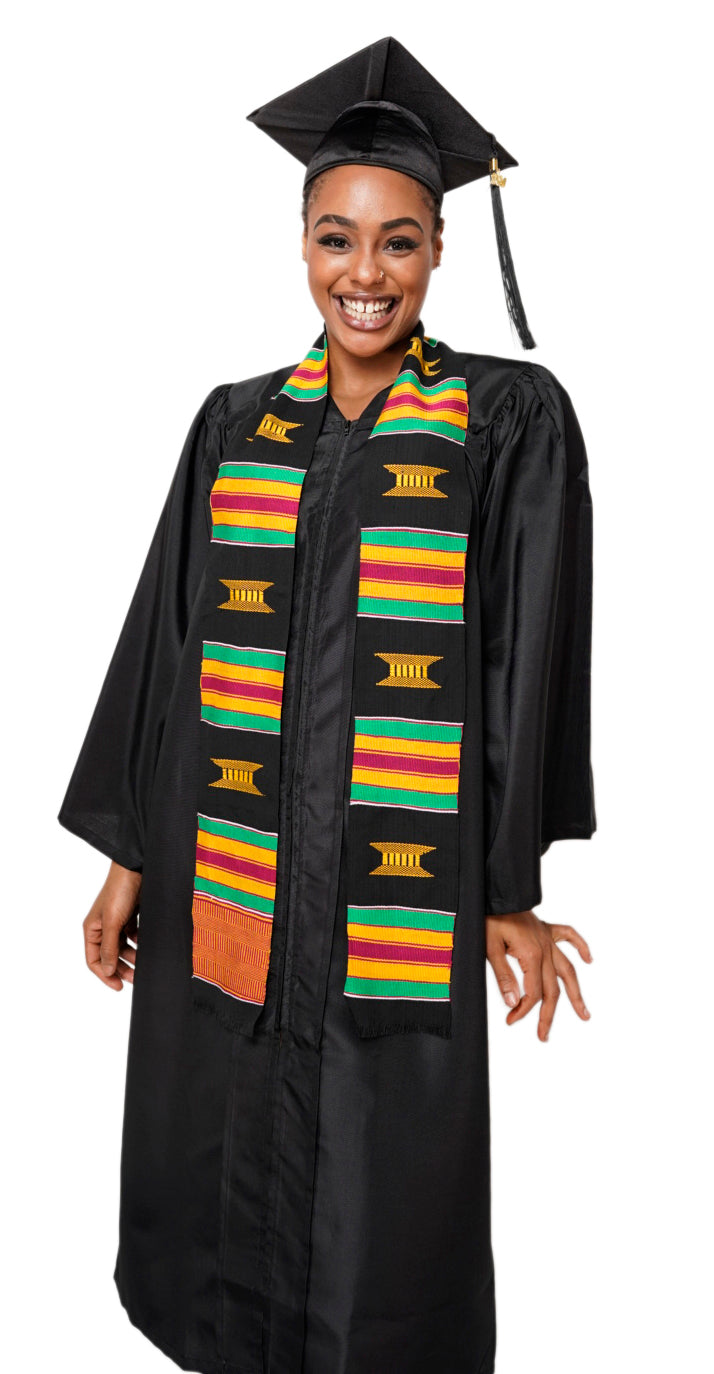 Black and Gold Hand Woven Kente Cloth Graduation Stole / Sash DP2169BLK、mySite、solidvoid