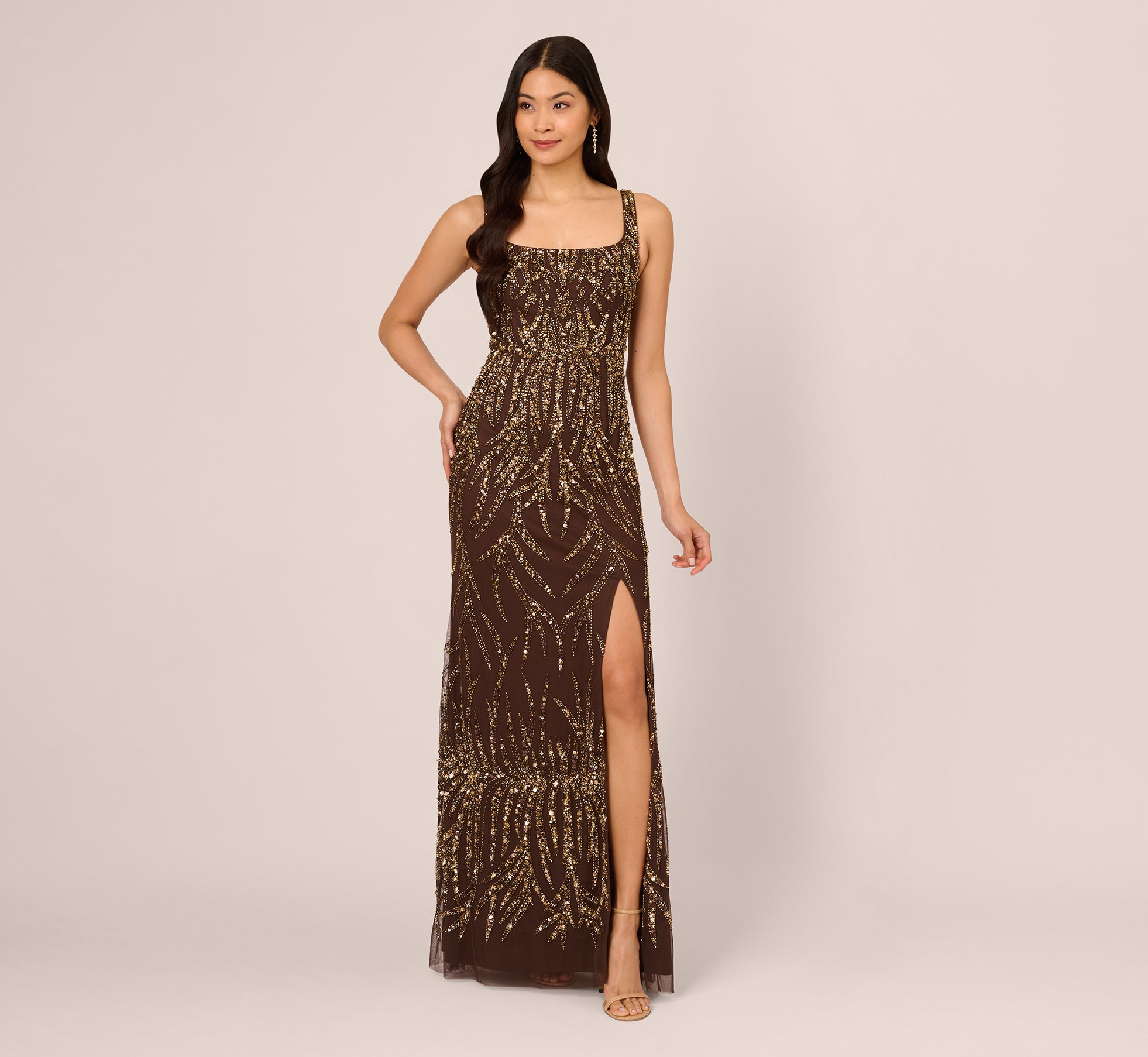 Sleeveless Beaded Mermaid Gown With Square Neckline In Chocolate、mySite、solidvoid