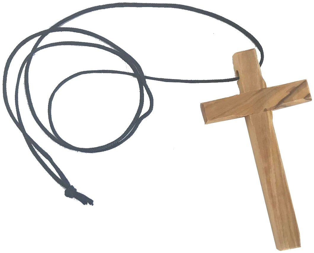 Thick hand carved olive wood simple Cross - necklace - ( 9cm or 3.5 inches ) with Certificate、mySite、topwebapps