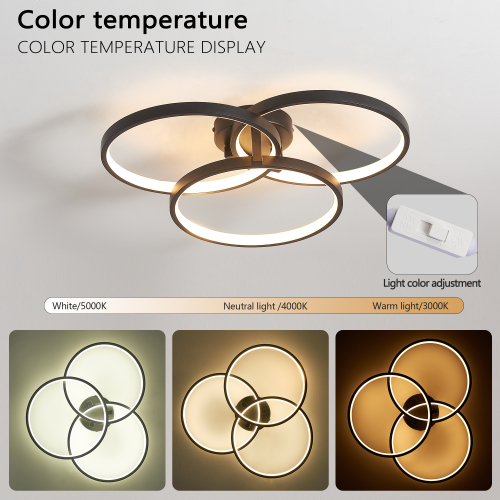 20" Modern Black LED Ceiling Light, 3-Ring Flush Mount Fixture for Living Room, Bedroom, or Dining Room, Sleek and Energy-Efficient Design, Easy Installation、、eastwooduniform