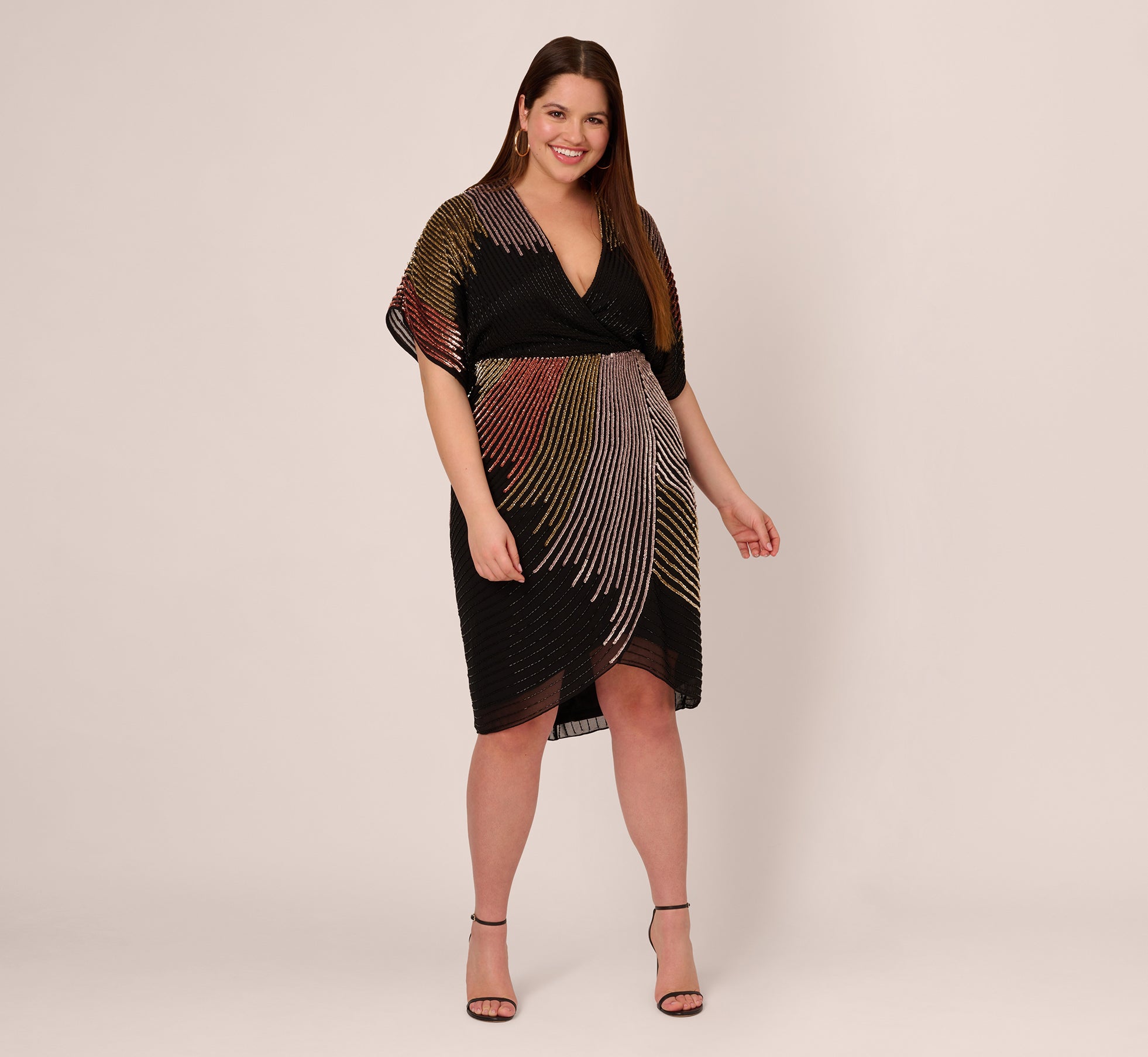 Plus Size Beaded Faux Wrap Dress With Dolman Sleeves In Black Bronze、mySite、solidvoid