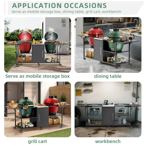 Outdoor Grill Table for Big Green Egg Style BBQ, Metal Grill Cart with 2 Folding Panels, Compatible with up to Large Green Egg, Kamado Joe Jr、、eastwooduniform