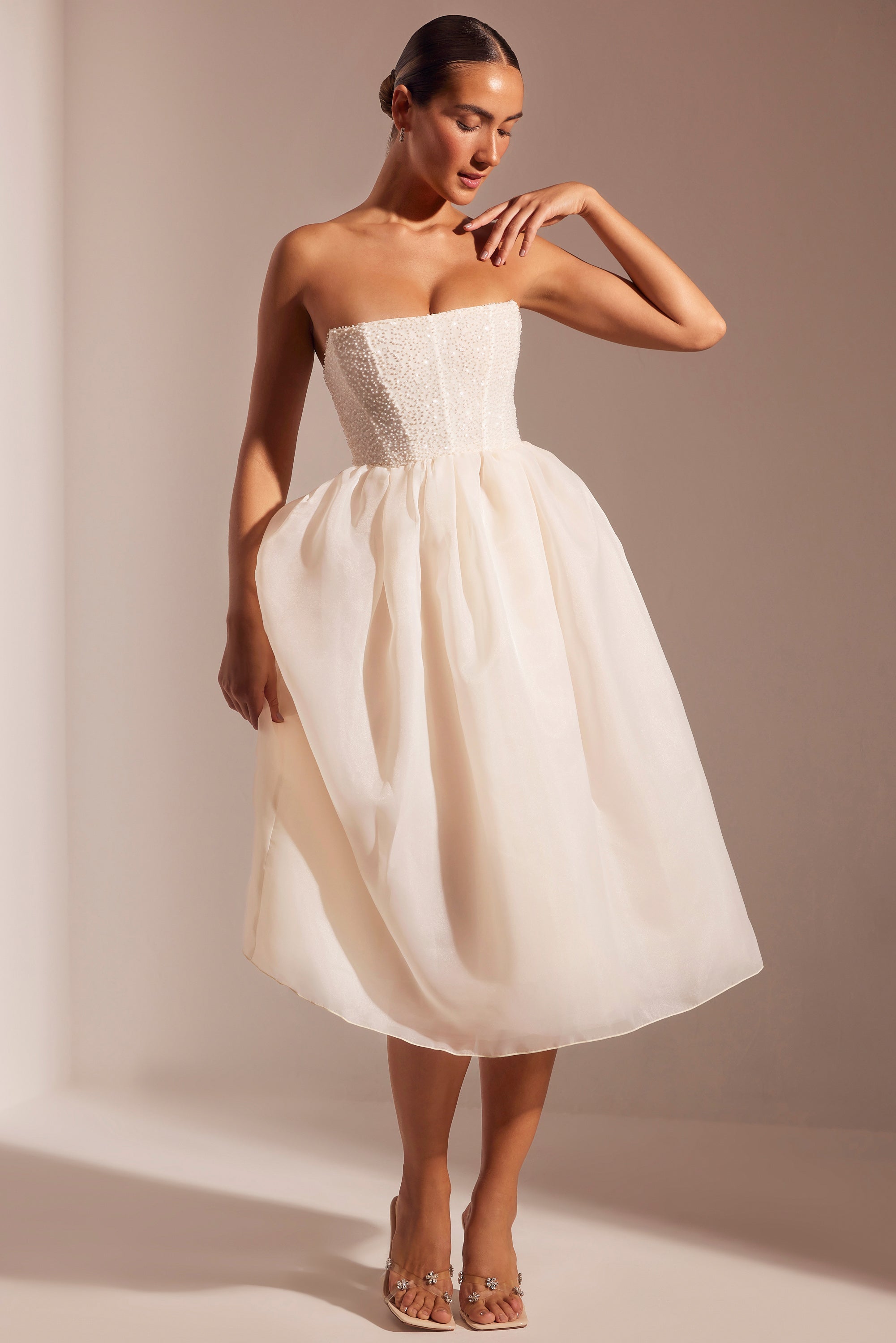 Embellished Corset Tulle Skirt Midi Dress in Ivory、mySite、solidvoid