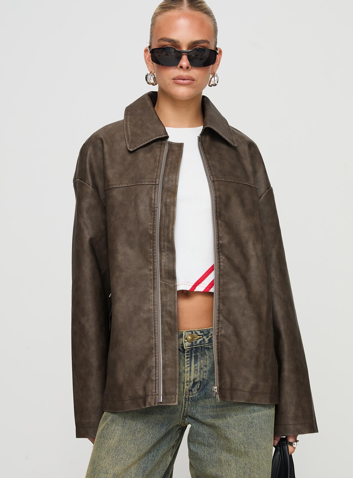 Faux Leather Collared Dad Jacket Washed Brown、mySite、solidvoid