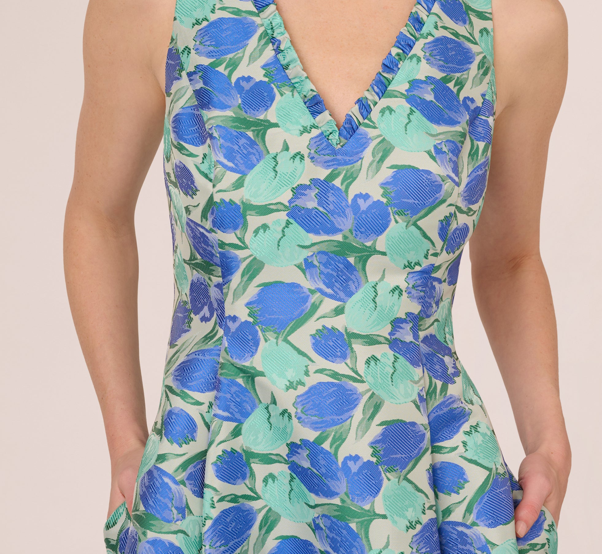Sleeveless Tulip Jacquard Fit And Flare Midi Dress In Blue Green Multi、mySite、solidvoid
