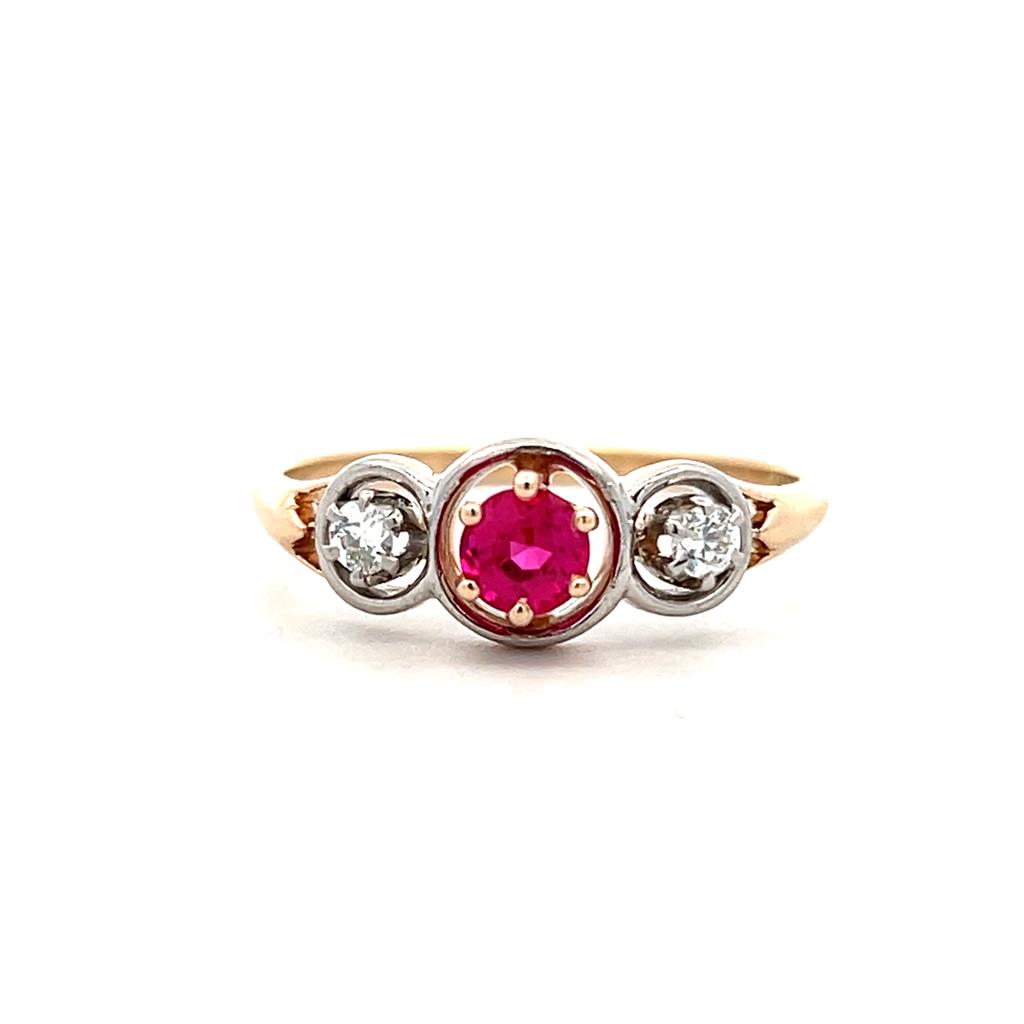  Estate 14K Yellow Gold & Platinum 0.41ctw Synthetic Ruby & Diamond Antique Ring