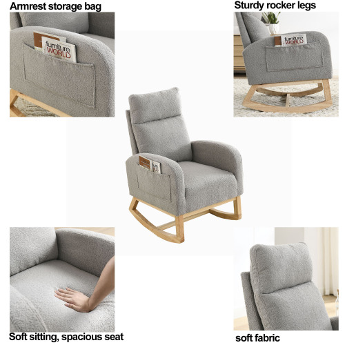 Video Welike 27.6"W Modern Accent High Backrest Living Room Lounge Arm Rocking Chair, Two Side Pocket ,Teddy White (Ivory)、、casual