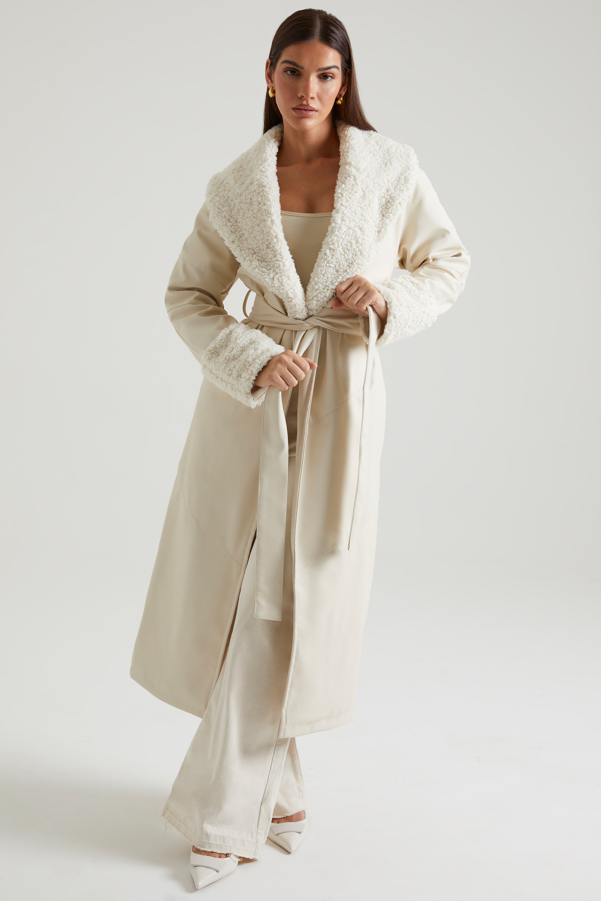 Tie Up Coat with Shearling Collar and Cuffs in Cream、mySite、solidvoid