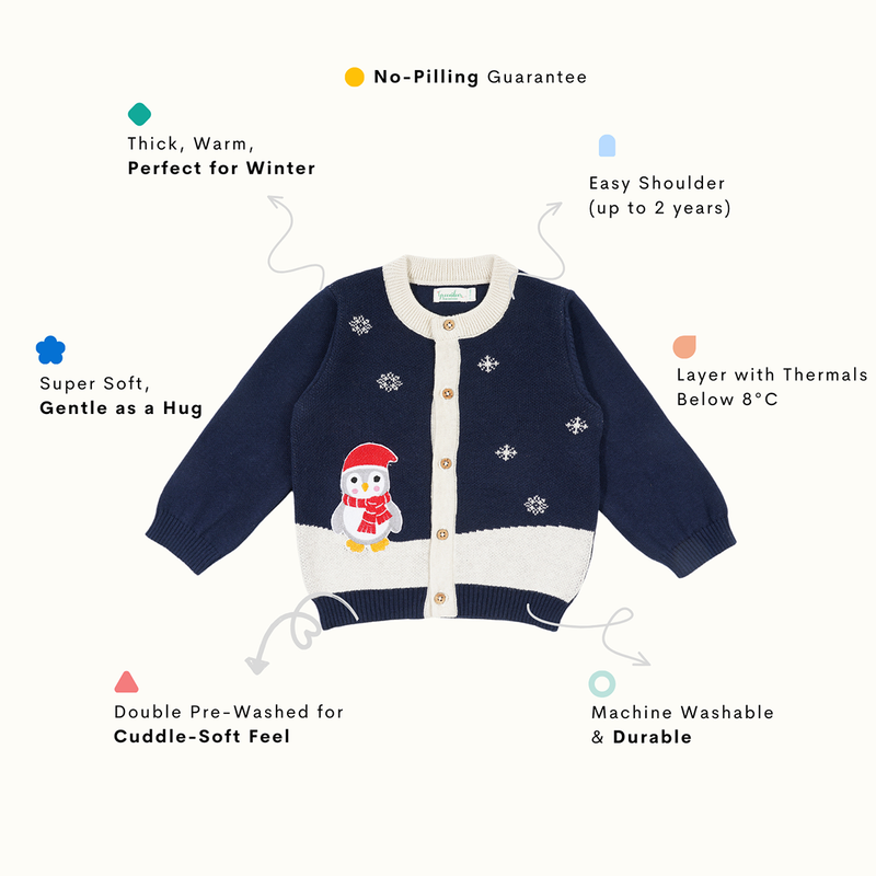 Cotton Jacquard Sweater For Kids | Penguine Printed | Navy、mySite、camillekostekn