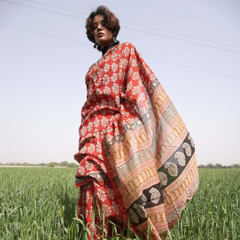 Festive Wear | Bagru Printed Chanderi Red Saree、mySite、camillekostekn