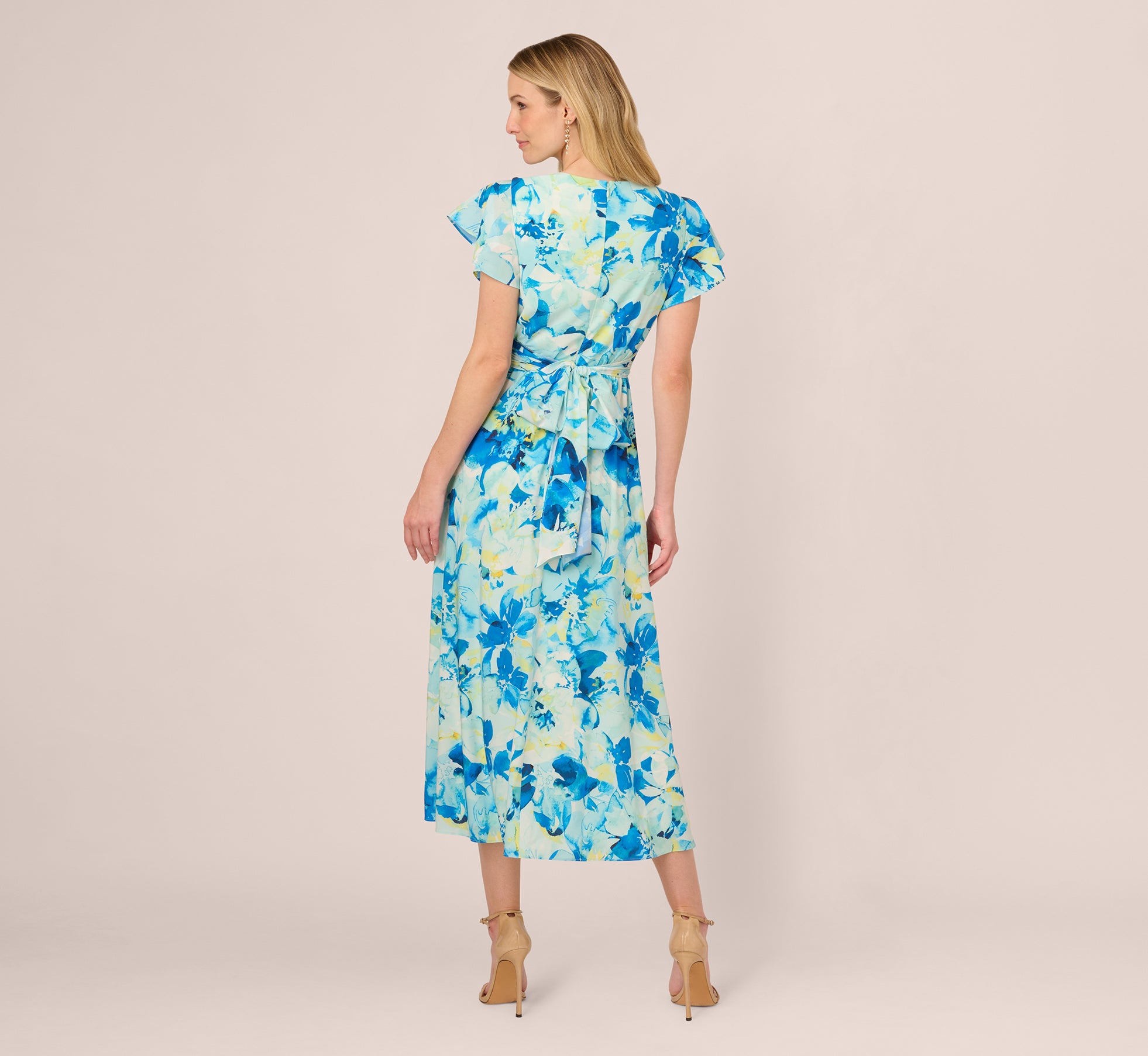 Flutter Sleeve Floral Chiffon Midi Dress In Blue Multi、mySite、solidvoid