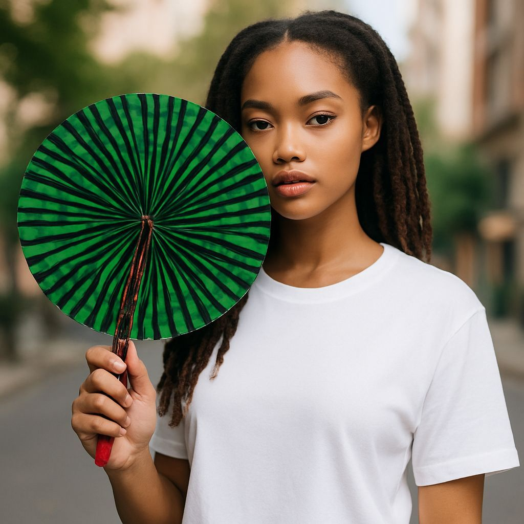 Dupsie's Neerg Green and Black African Print Retractable Foldable Anakara Hand Fan with leather handle DPPFDBG2、mySite、solidvoid