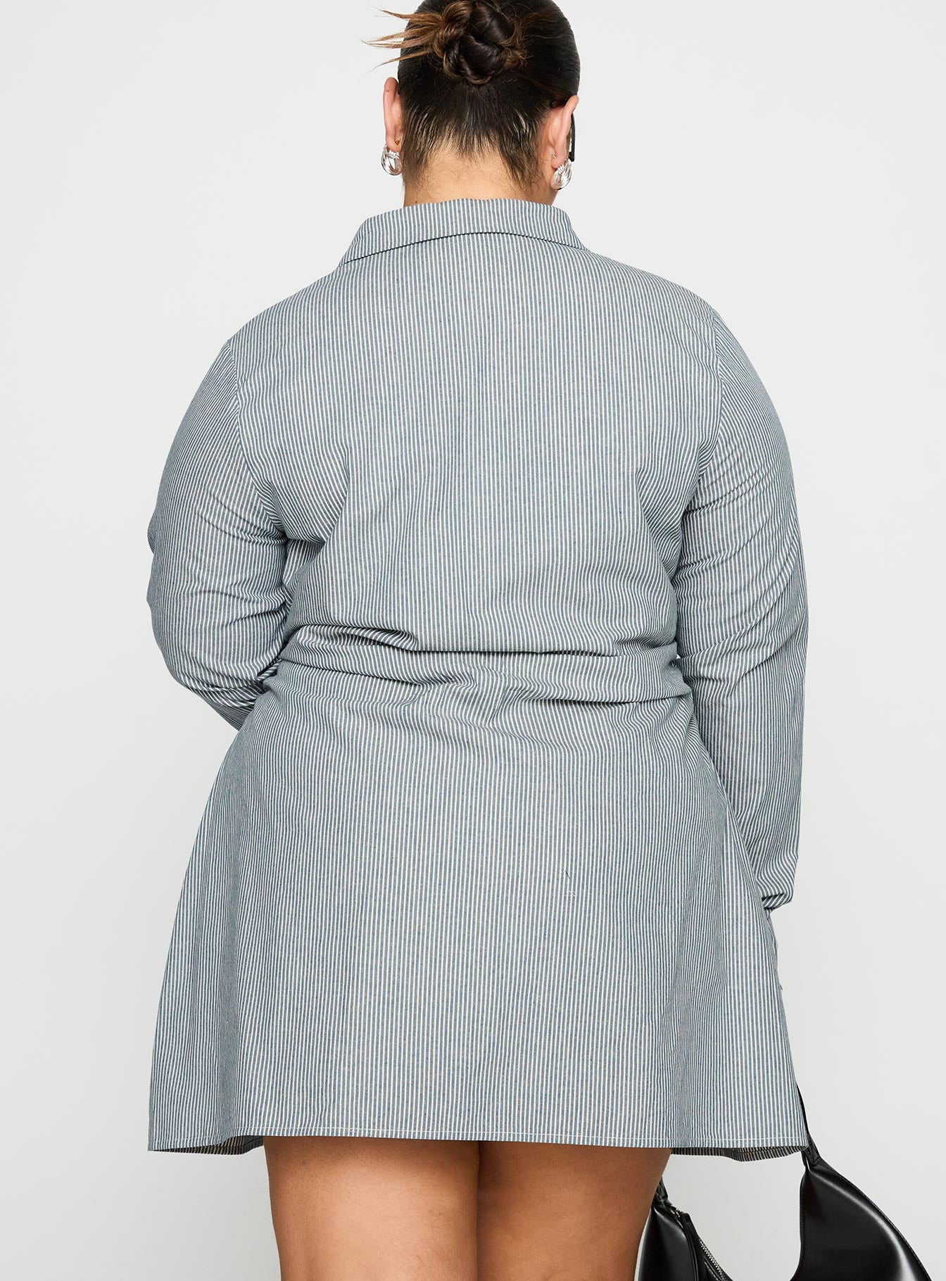 Publicity Long Sleeve Mini Dress Blue Pinstripe Curve、mySite、solidvoid