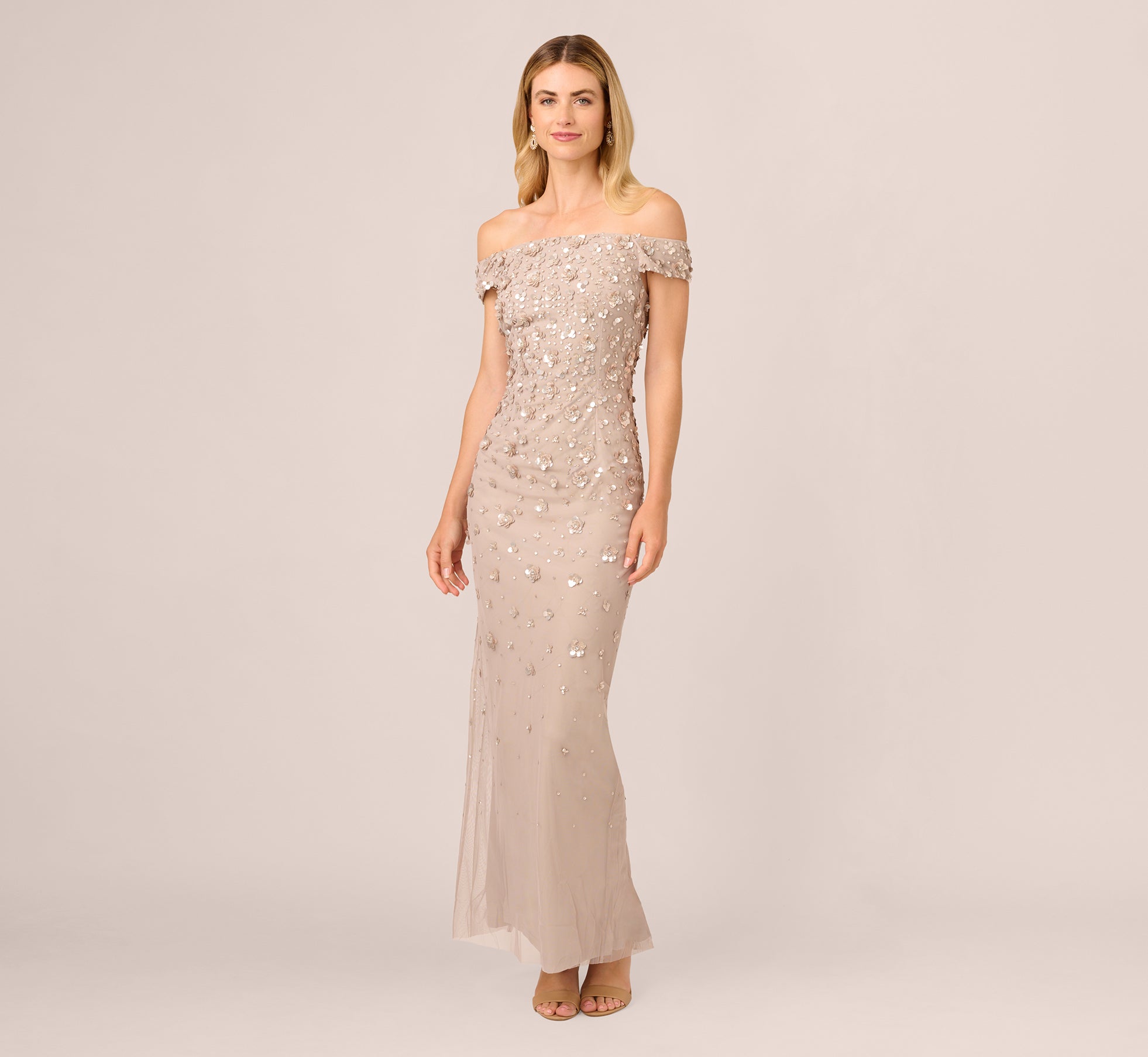 Off Shoulder Dress With Floral Embellishment In Marble、mySite、solidvoid