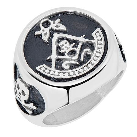 Stainless Steel Masonic Inlay With Accent Skulls Signet Ring / MCR3082、mySite、dreamappss