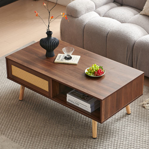 41.34" Rattan Coffee table, sliding door for storage, solid wood legs, Modern table for living room , natural、、casual