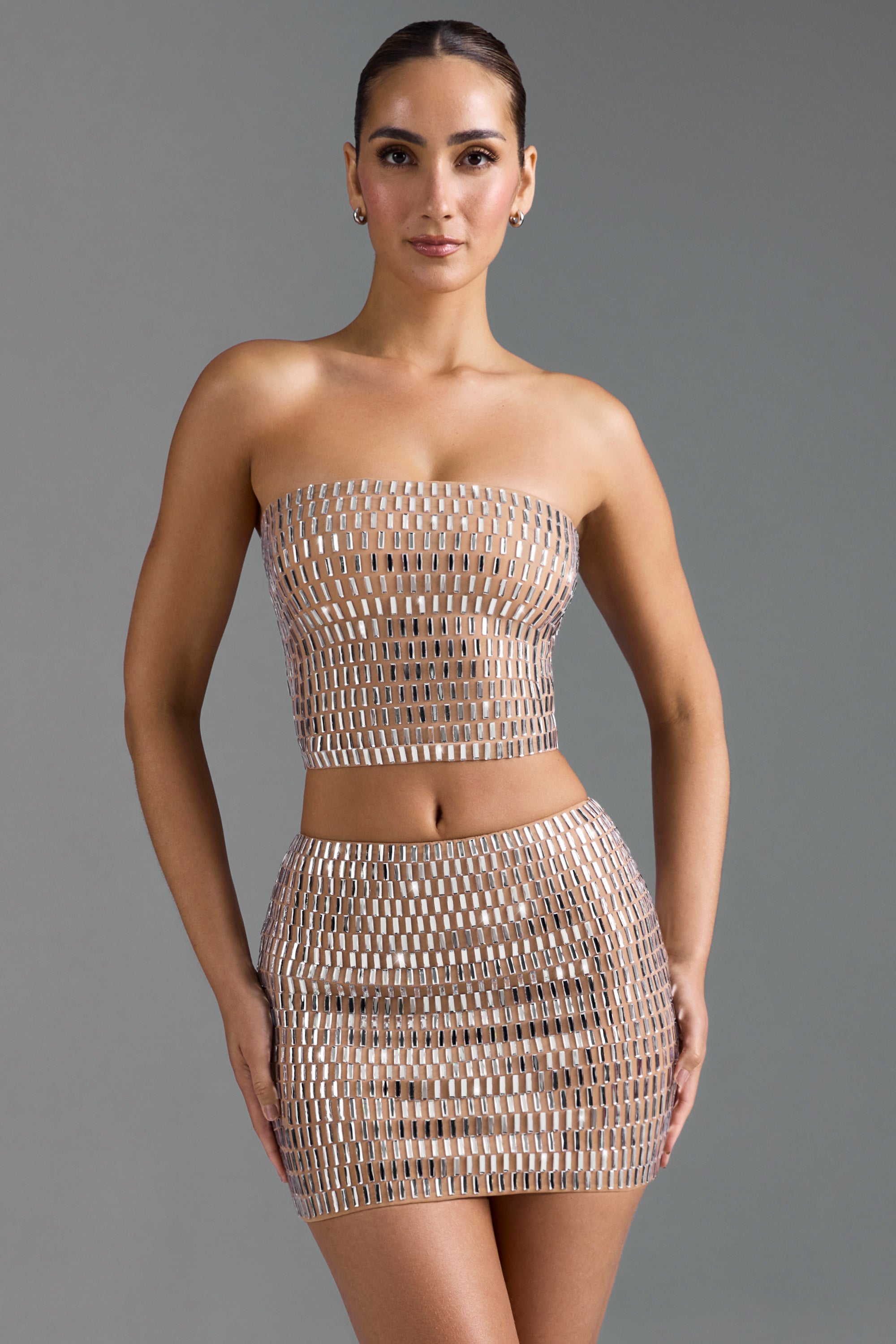 Embellished Low-Rise Micro Mini Skirt in Almond、mySite、solidvoid