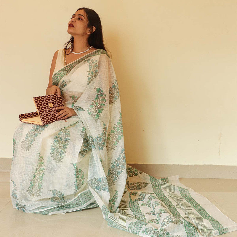 Festive Wear | Handblock Printed Kota Doria Saree | White、mySite、camillekostekn