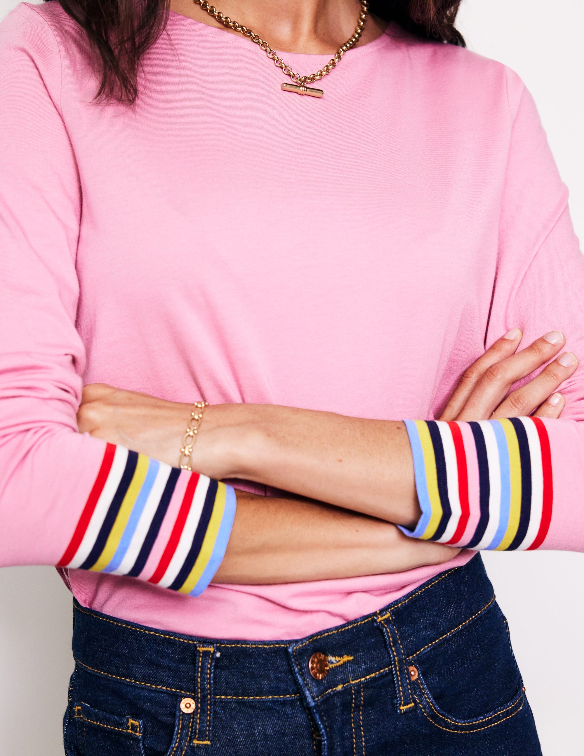  Supersoft Crew Neck Top-Orchid Pink Multi Cuff Stripe、mySite、ashleygrahame