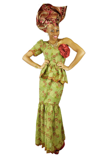 Elegant Olive Green and Burgundy Mono Sleeve Lace Top and Skirt、mySite、solidvoid